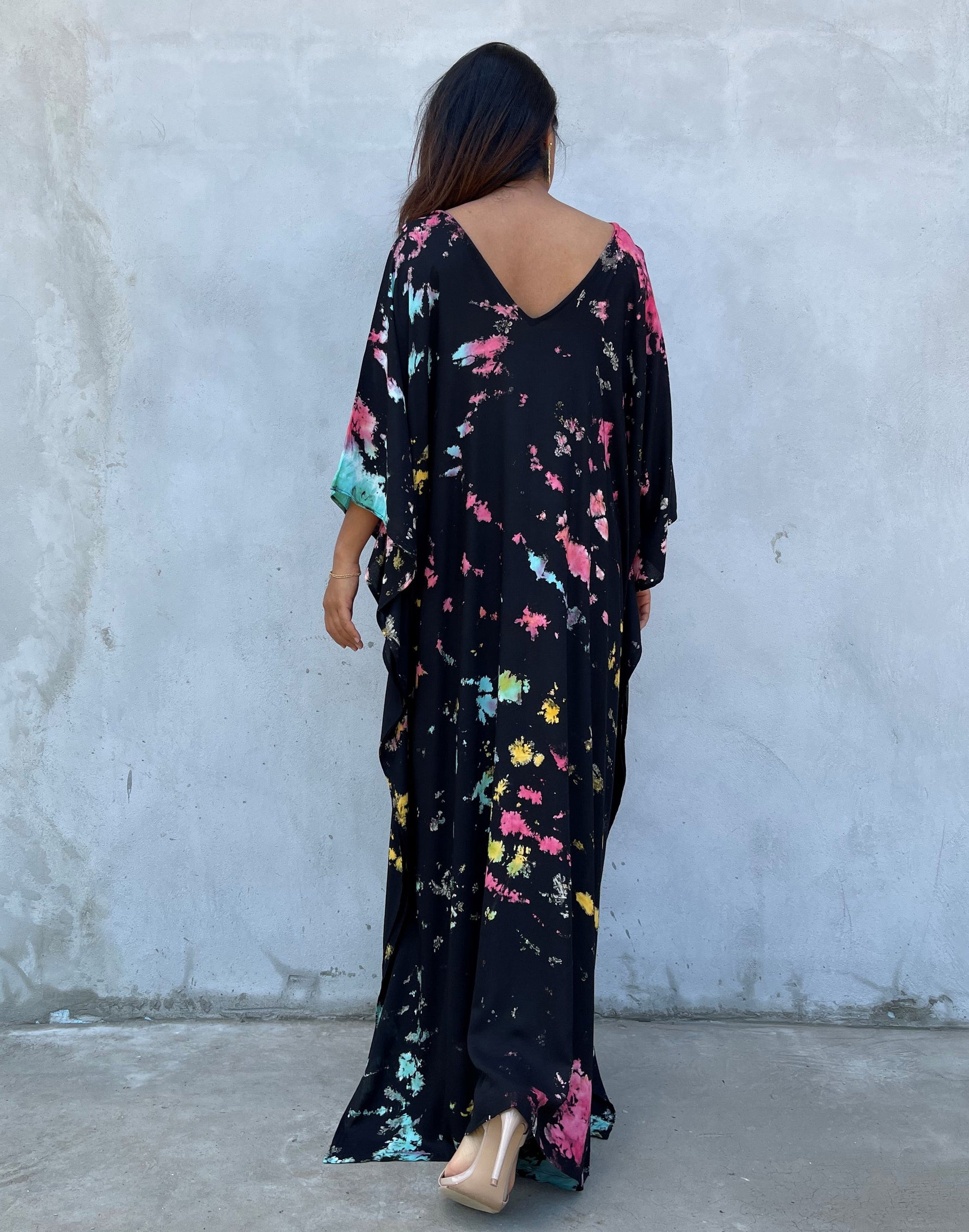 MALA handworks Mala Kaftan in Black and Rainbow Tie Dye