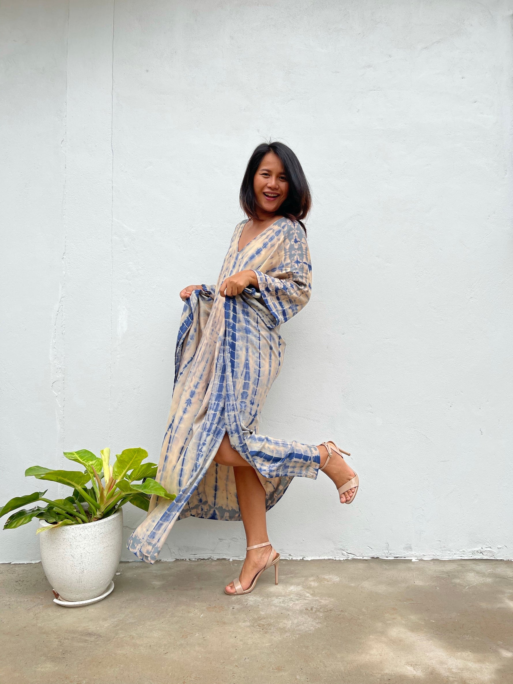 MALA handworks Mala Kaftan in Cream and Blue Tie Dye