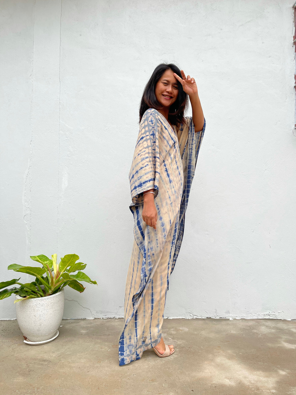 MALA handworks Mala Kaftan in Cream and Blue Tie Dye