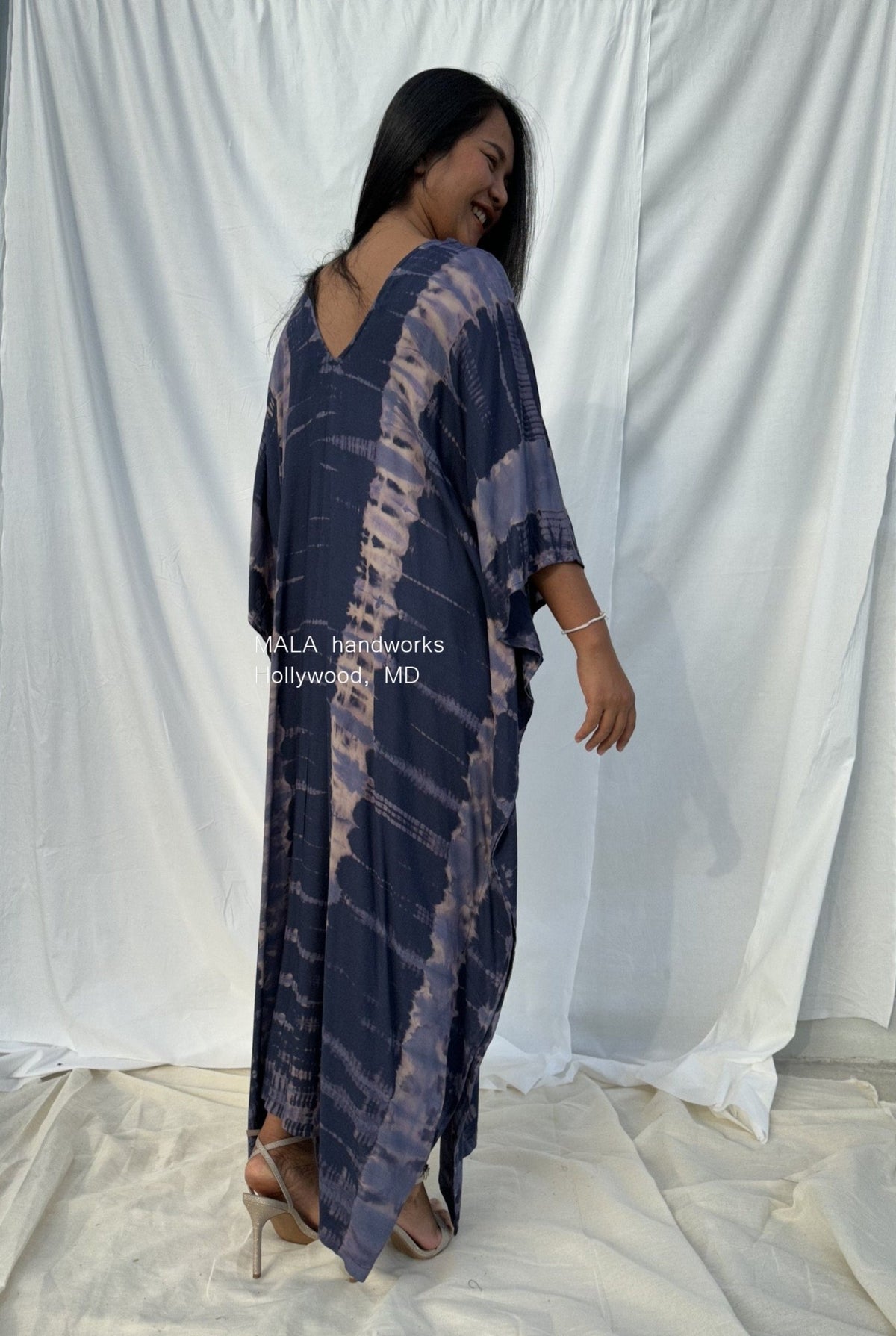 Mala Kaftan in Dark Blue with Lilac Tie Dye - Radiance Pattern-A-124-50-Mala Handworks