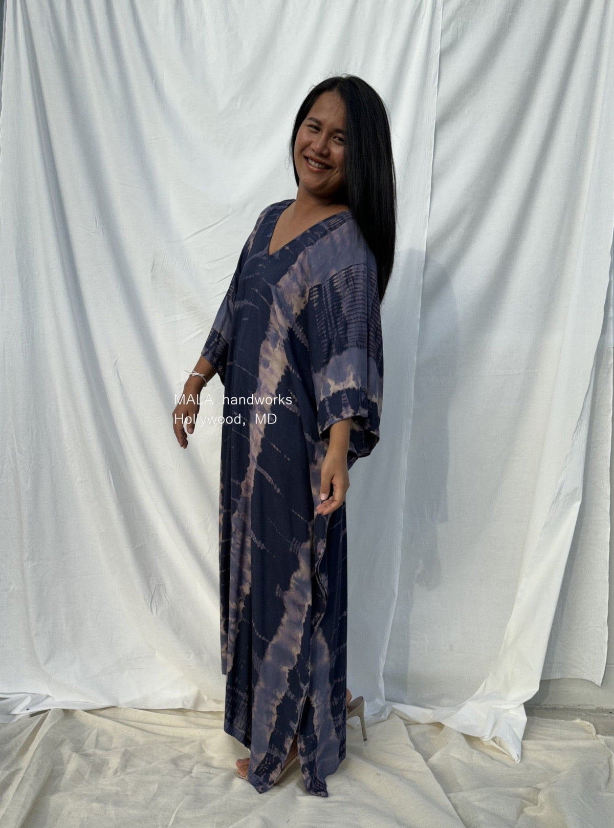 Mala Kaftan in Dark Blue with Lilac Tie Dye - Radiance Pattern-A-124-50-Mala Handworks
