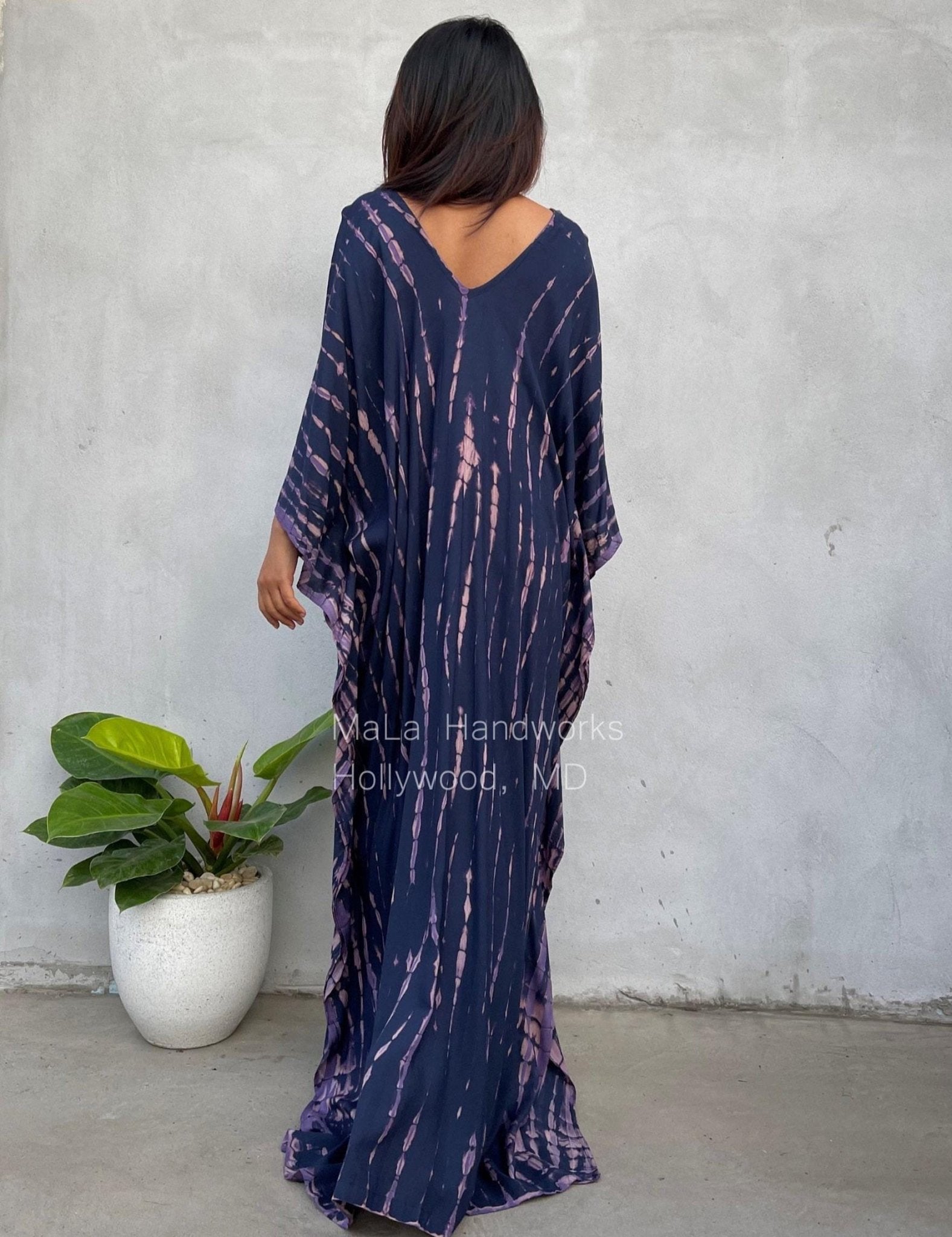 Mala Kaftan in Dark Blue with Purple Tie Dye - Mala Handworks