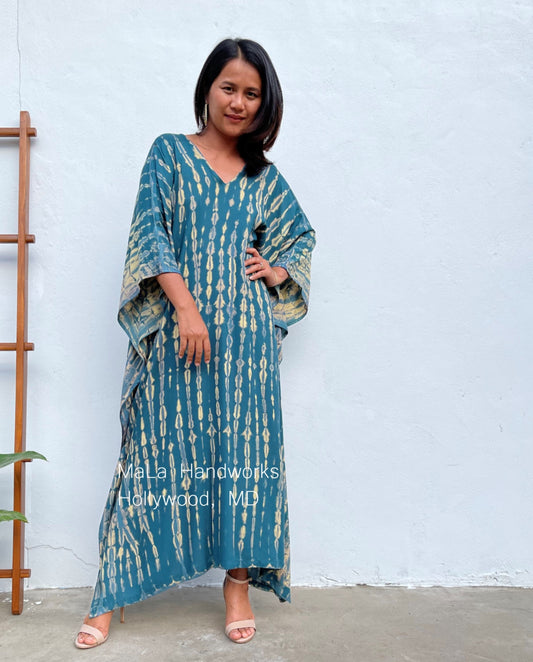 MALA handworks  Mala Kaftan in Dark Green and Yellow Tie Dye