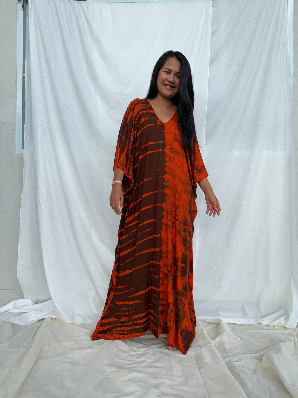 MALA handworks MaLa Kaftan in Earthy Red and Umber Brown Tie Dye