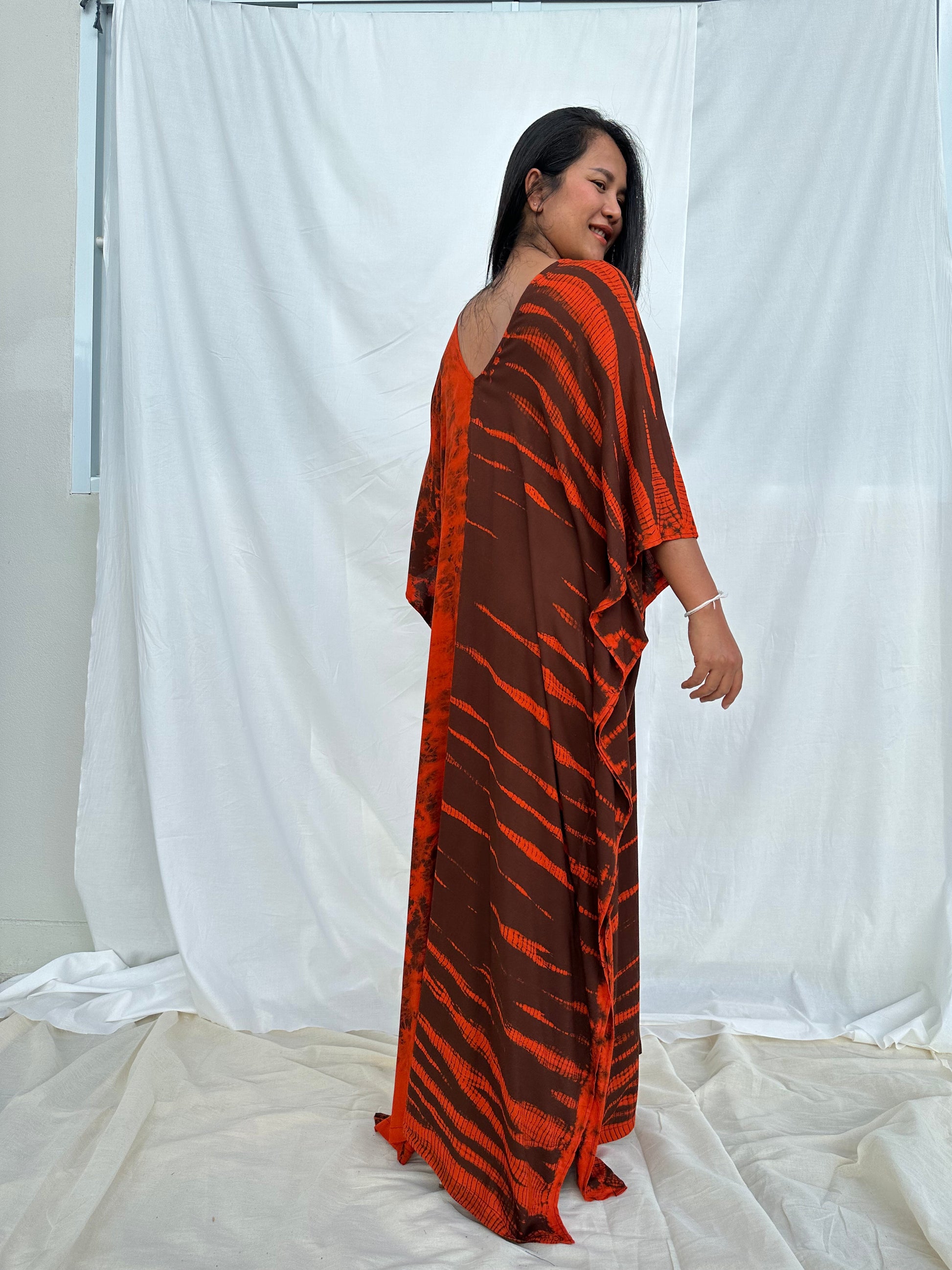 MALA handworks MaLa Kaftan in Earthy Red and Umber Brown Tie Dye