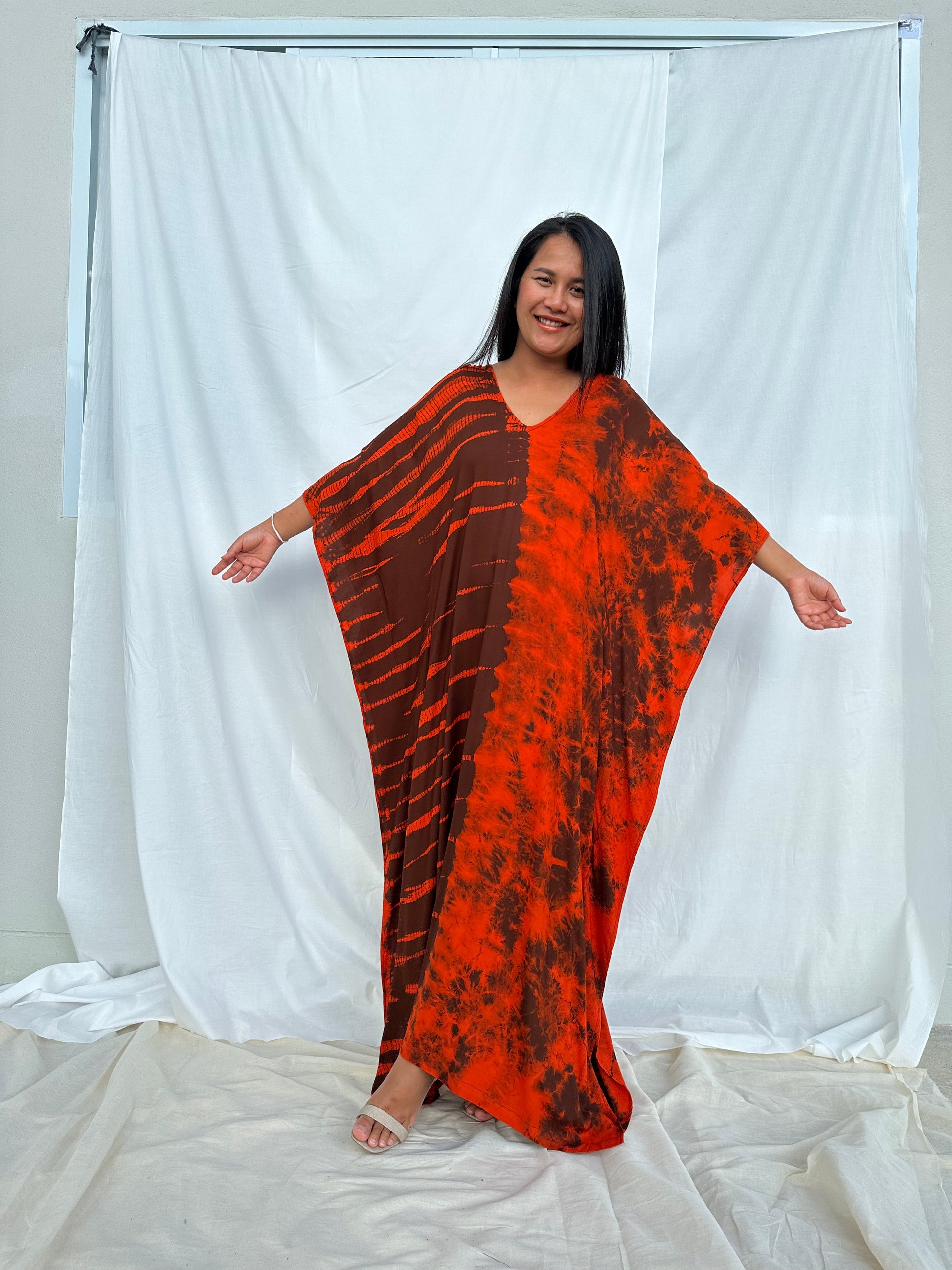 MALA handworks MaLa Kaftan in Earthy Red and Umber Brown Tie Dye