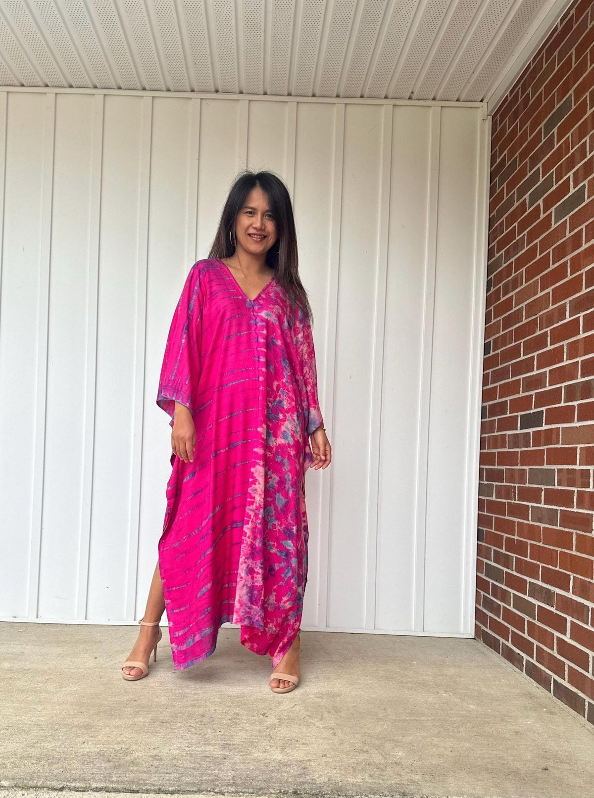 Mala Kaftan in Fuchsia with Purple Tie Dye - Gemini Pattern-A-11-48-Mala Handworks