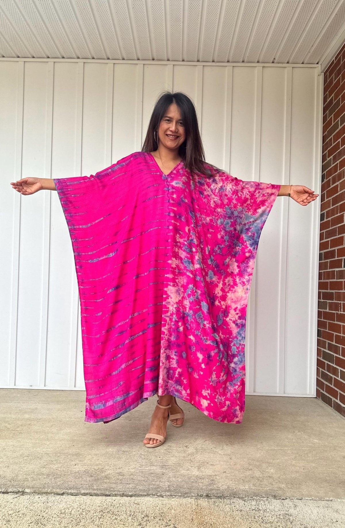 Mala Kaftan in Fuchsia with Purple Tie Dye - Gemini Pattern-A-11-48-Mala Handworks