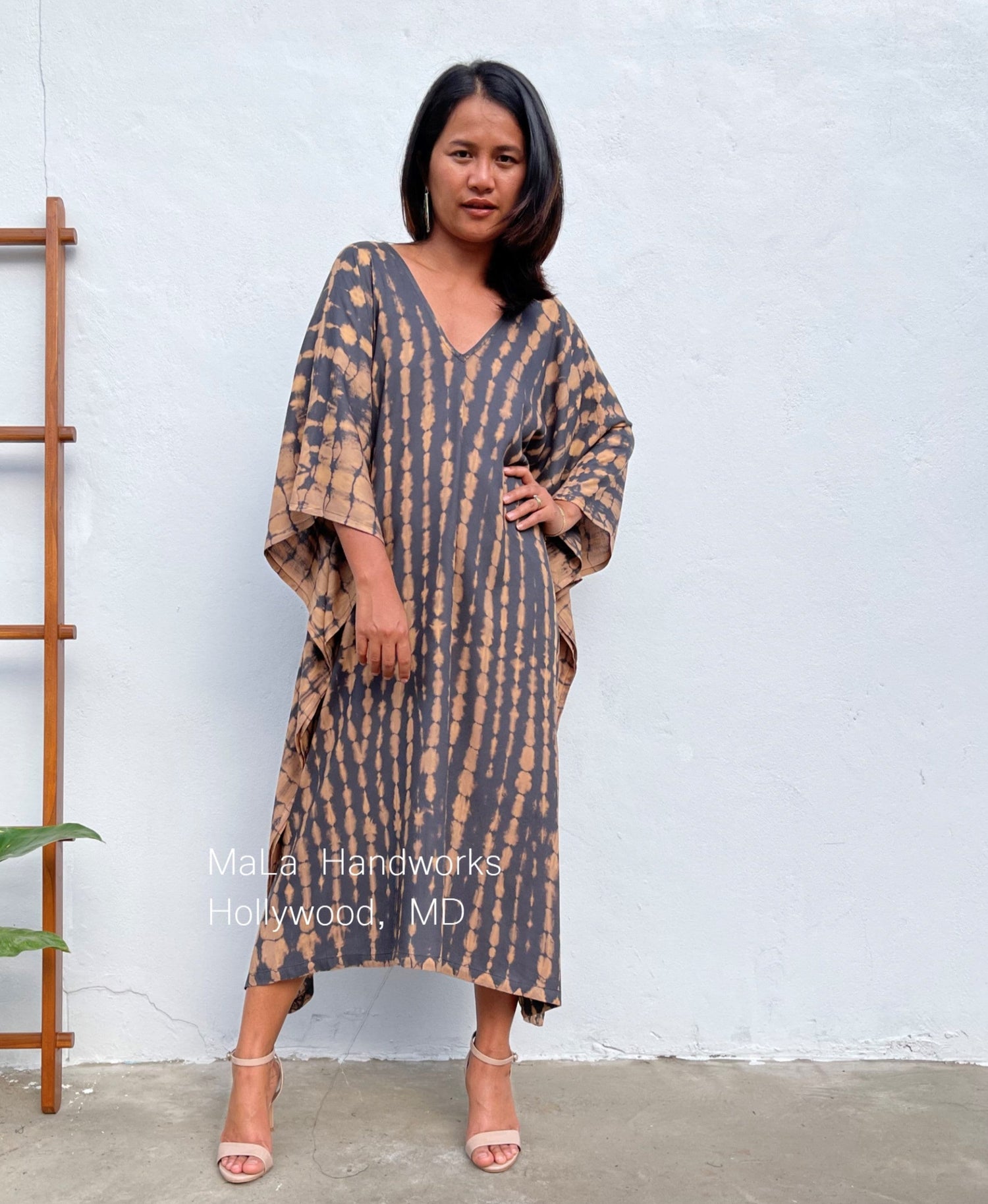 MALA handworks  Mala Kaftan in Gray and Umber Brown Tie Dye