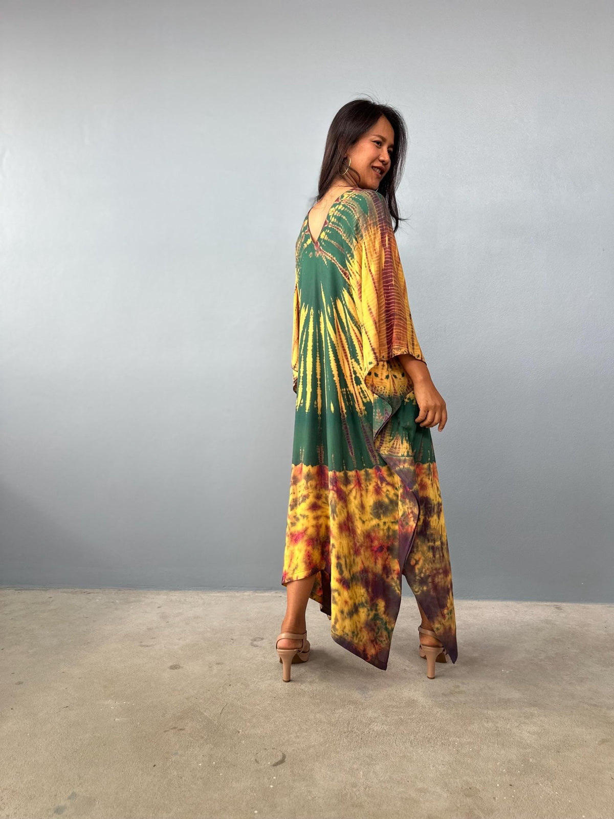 Mala Kaftan in Green & Yellow Tie Dye - Aurora Pattern-A-146-45-Mala Handworks