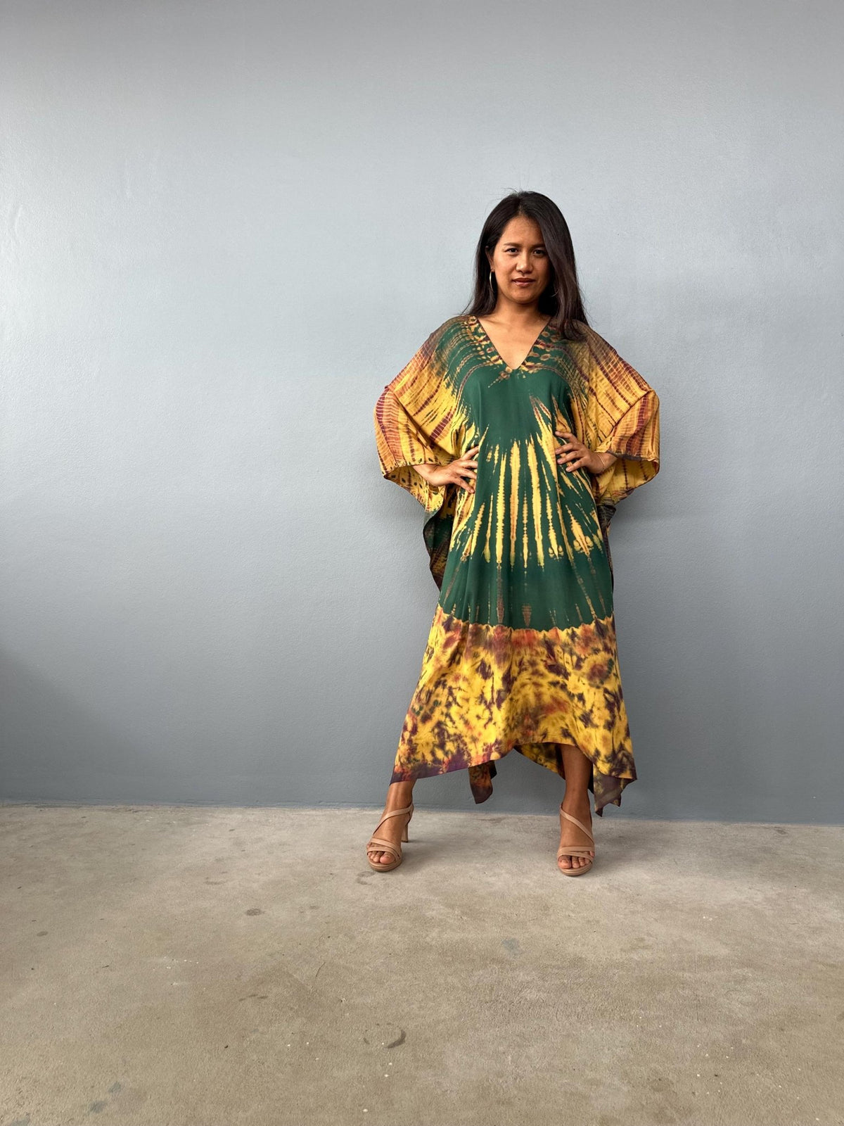 Mala Kaftan in Green & Yellow Tie Dye - Aurora Pattern-A-146-45-Mala Handworks