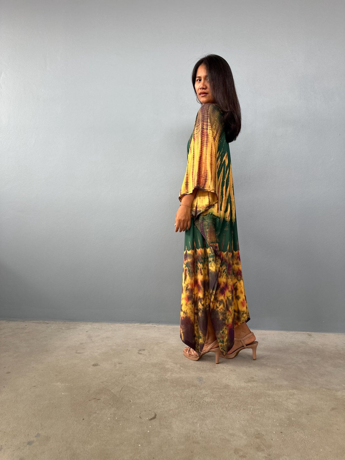 Mala Kaftan in Green & Yellow Tie Dye - Aurora Pattern-A-146-45-Mala Handworks