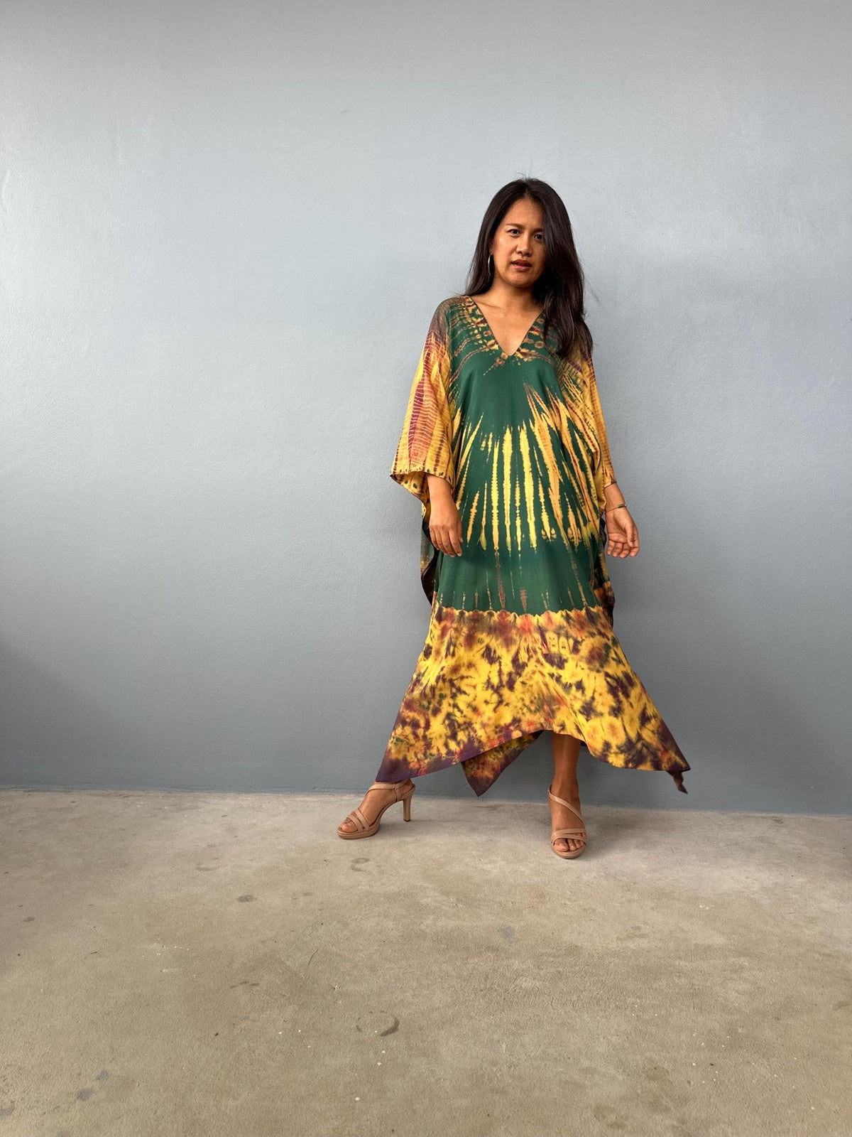 Mala Kaftan in Green & Yellow Tie Dye - Aurora Pattern-A-146-45-Mala Handworks