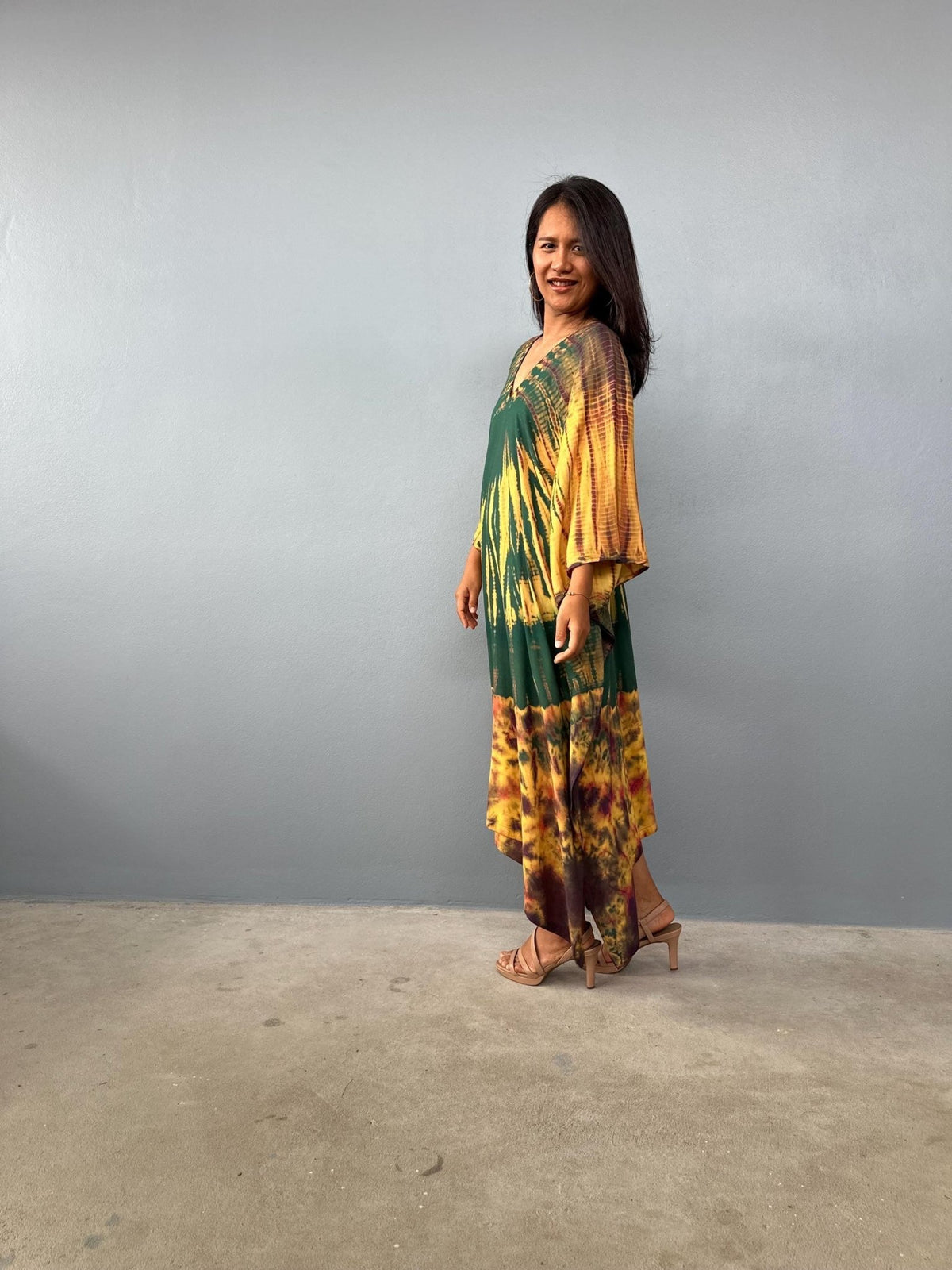 Mala Kaftan in Green & Yellow Tie Dye - Aurora Pattern-A-146-45-Mala Handworks