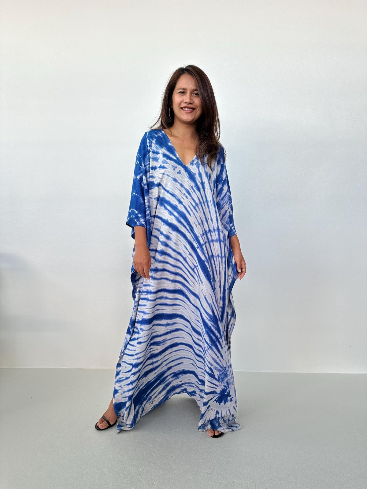 Mala Kaftan in Light Gray & Indigo Tie Dye-A-165-Mala Handworks
