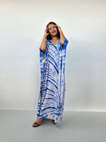 Mala Kaftan in Light Gray & Indigo Tie Dye-A-165-Mala Handworks