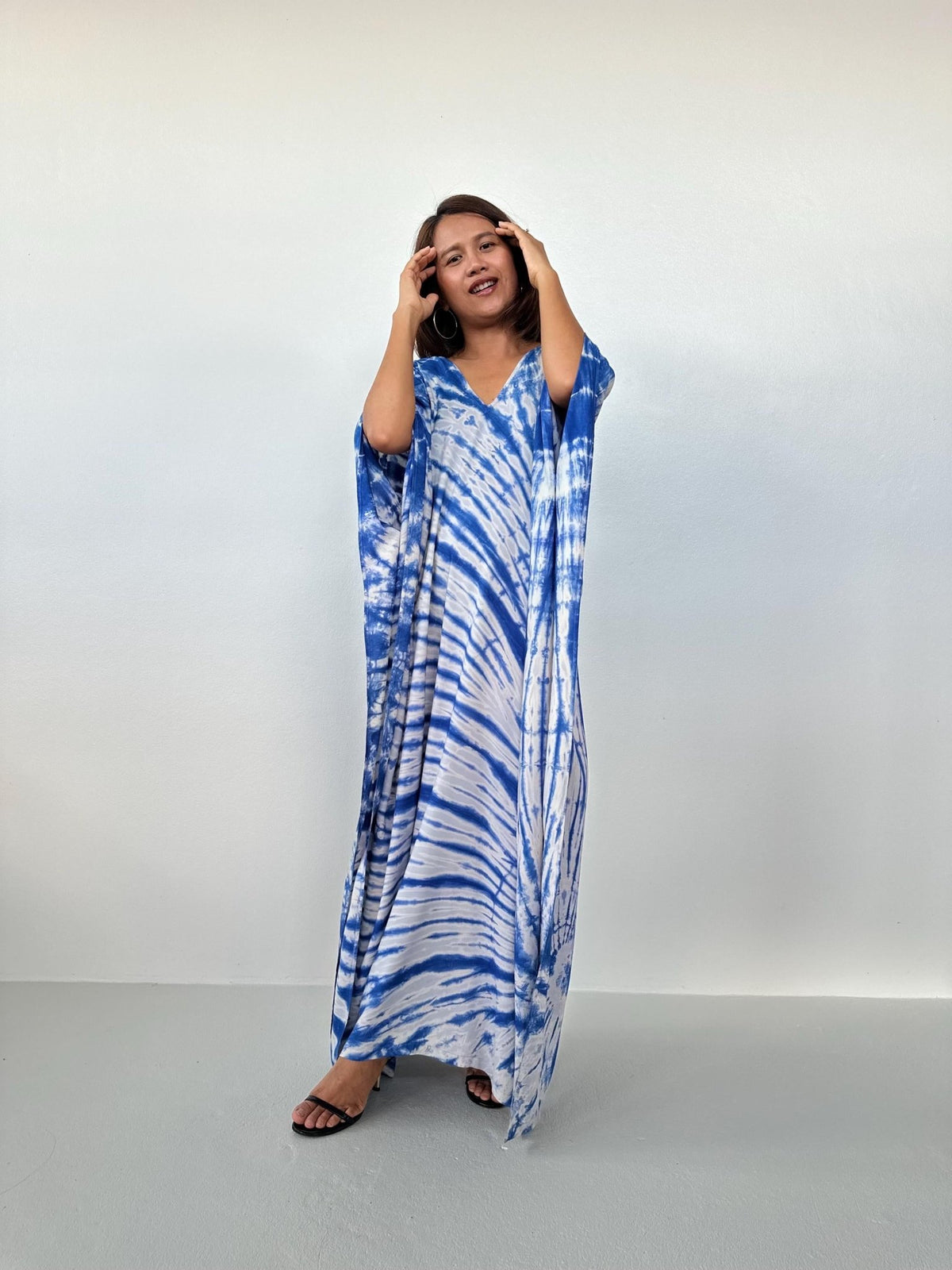 Mala Kaftan in Light Gray & Indigo Tie Dye-A-165-Mala Handworks