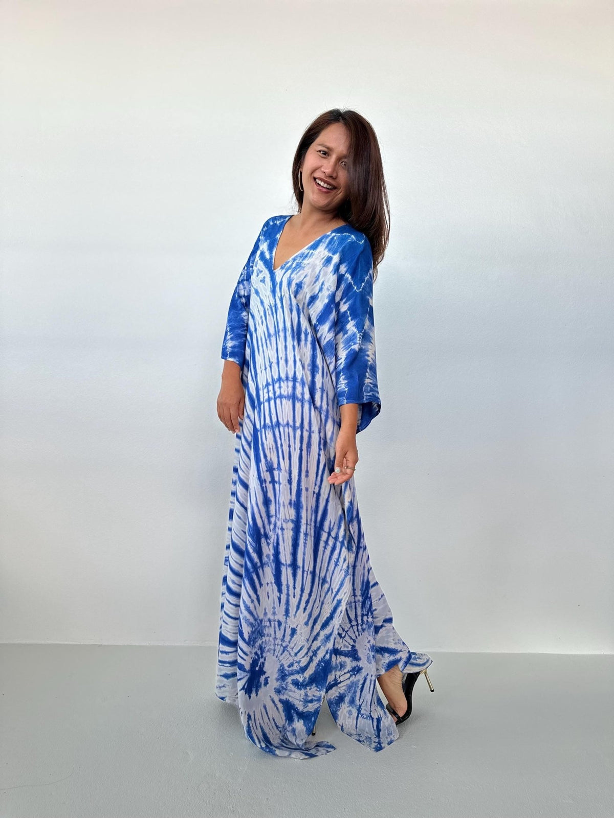 Mala Kaftan in Light Gray & Indigo Tie Dye-A-165-Mala Handworks