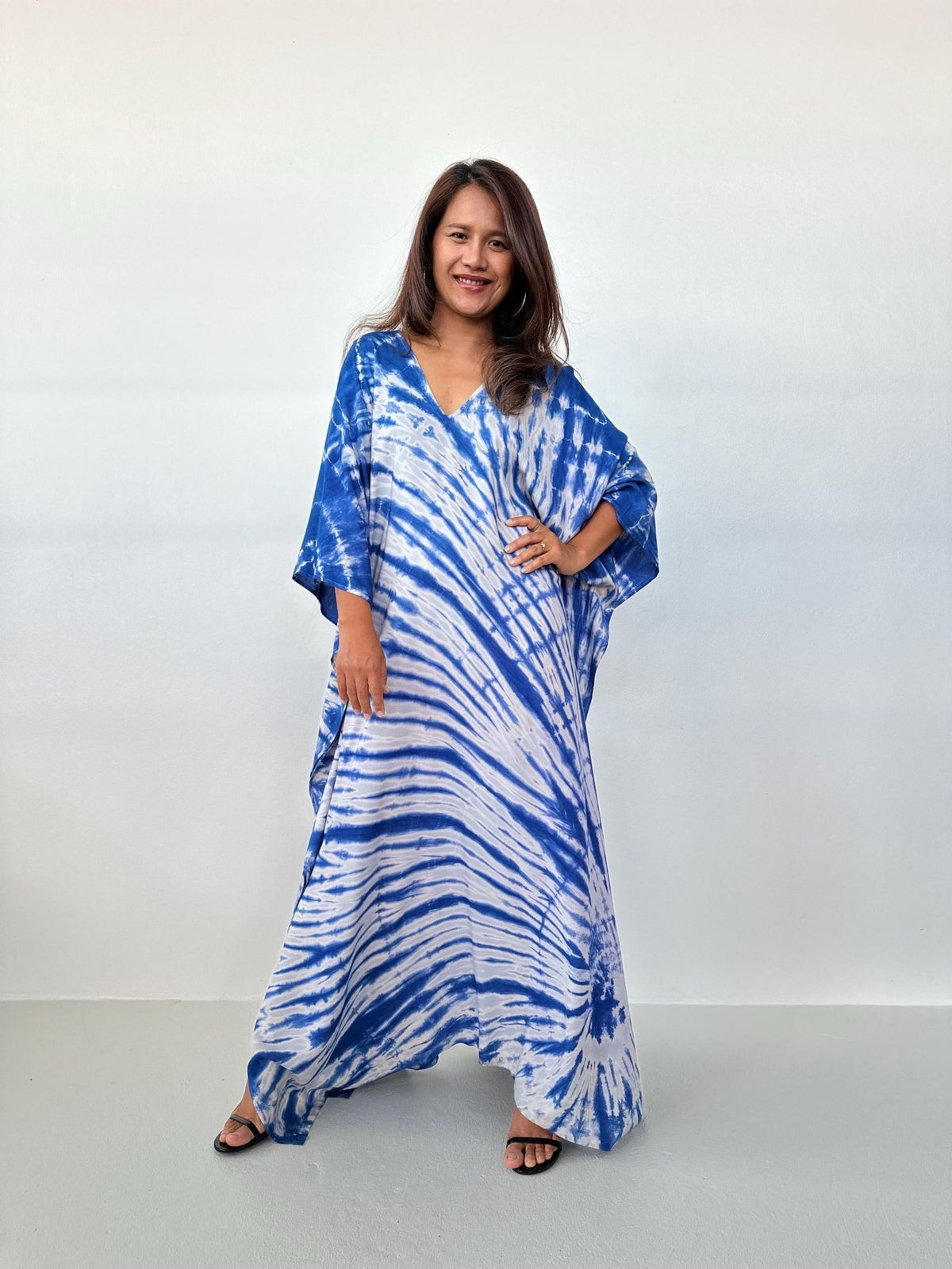 Mala Kaftan in Light Gray & Indigo Tie Dye-A-165-Mala Handworks