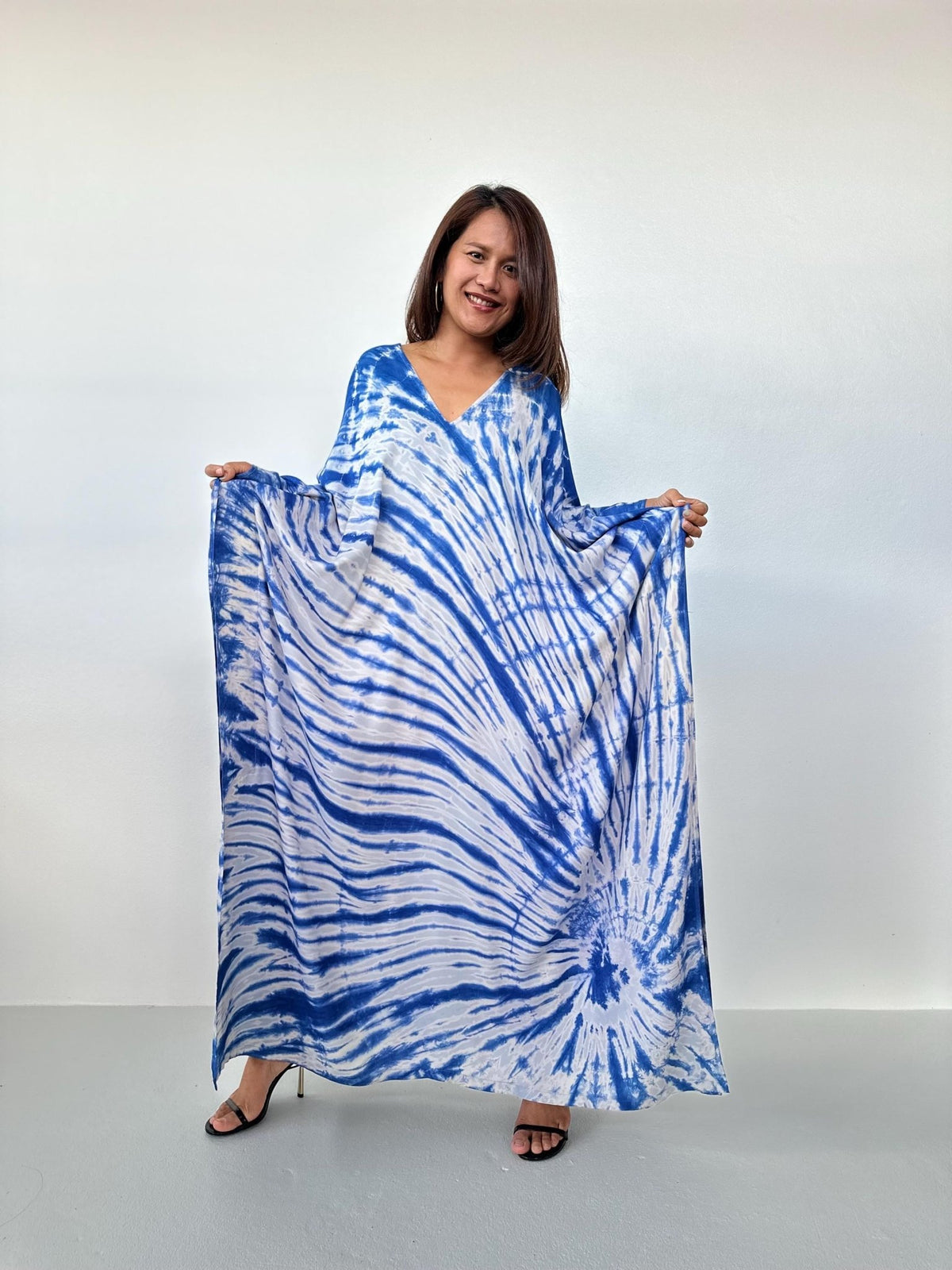 Mala Kaftan in Light Gray & Indigo Tie Dye-A-165-Mala Handworks