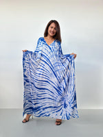 Mala Kaftan in Light Gray & Indigo Tie Dye-A-165-Mala Handworks