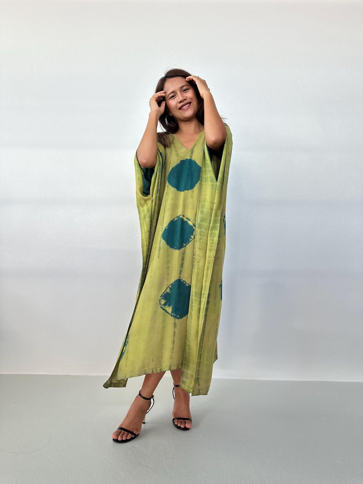 Mala Handworks Mala Kaftan in Lime & Jade Polka Dot Tie Dye