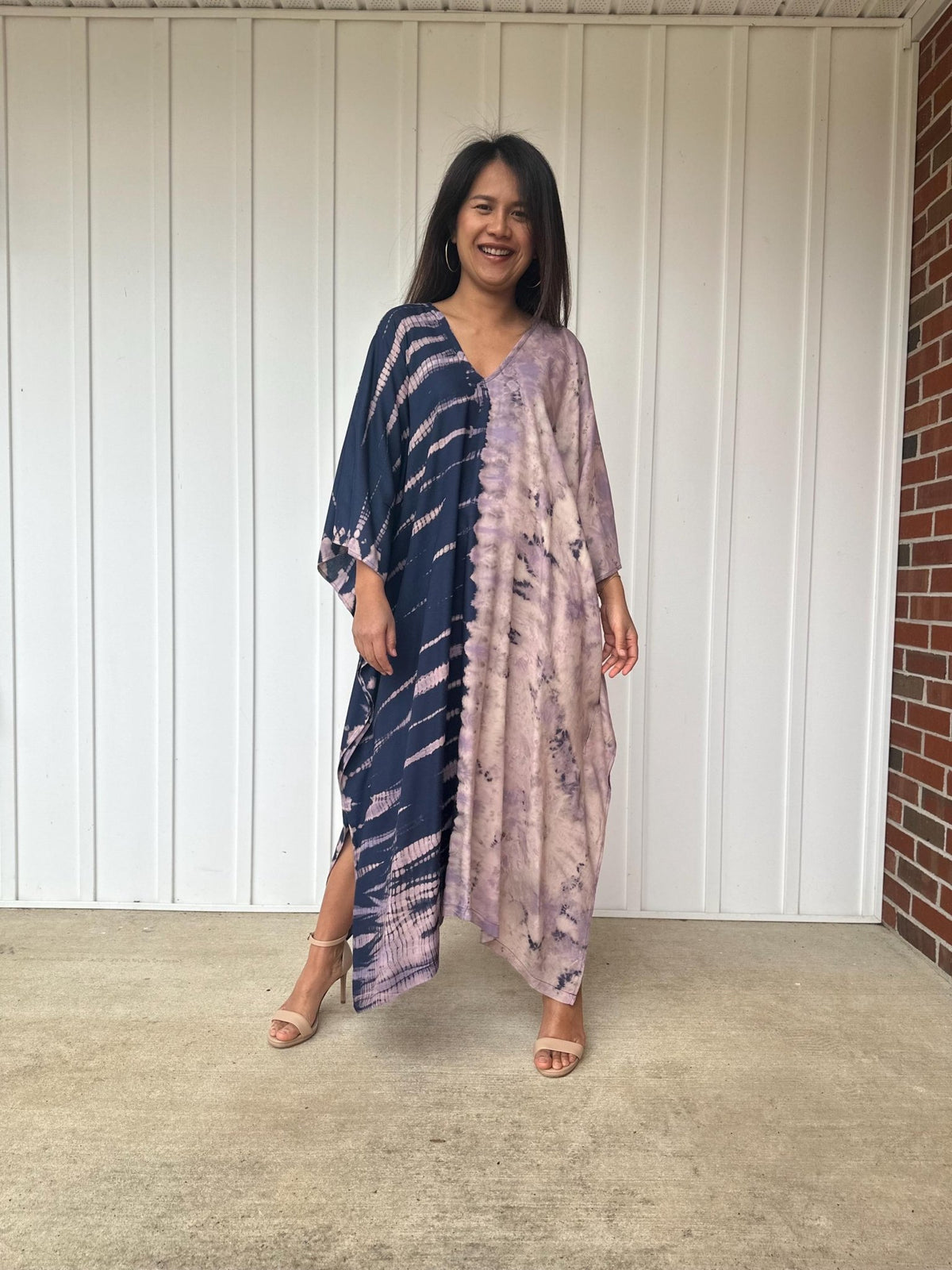 Mala Kaftan in Mauve & Navy Tie Dye-A-136-Mala Handworks