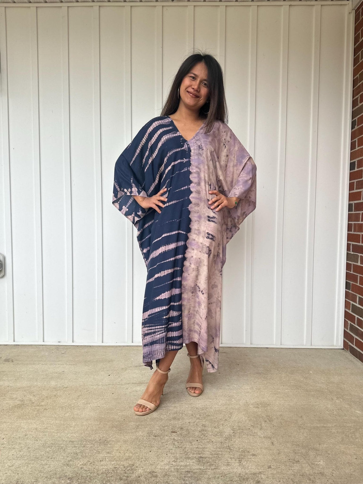 Mala Kaftan in Mauve & Navy Tie Dye-A-136-Mala Handworks