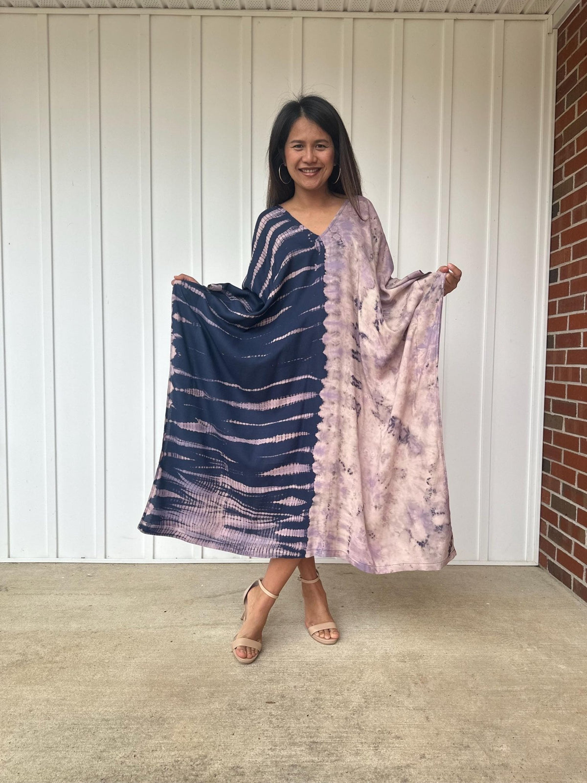 Mala Kaftan in Mauve & Navy Tie Dye-A-136-Mala Handworks