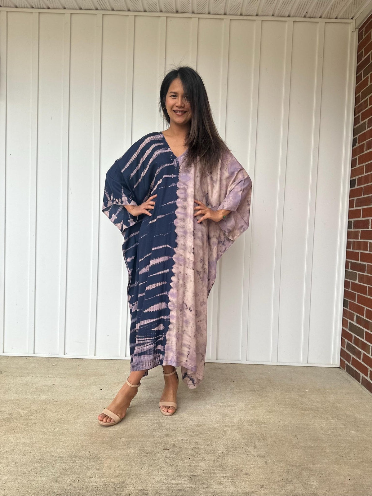 Mala Kaftan in Mauve & Navy Tie Dye-A-136-Mala Handworks