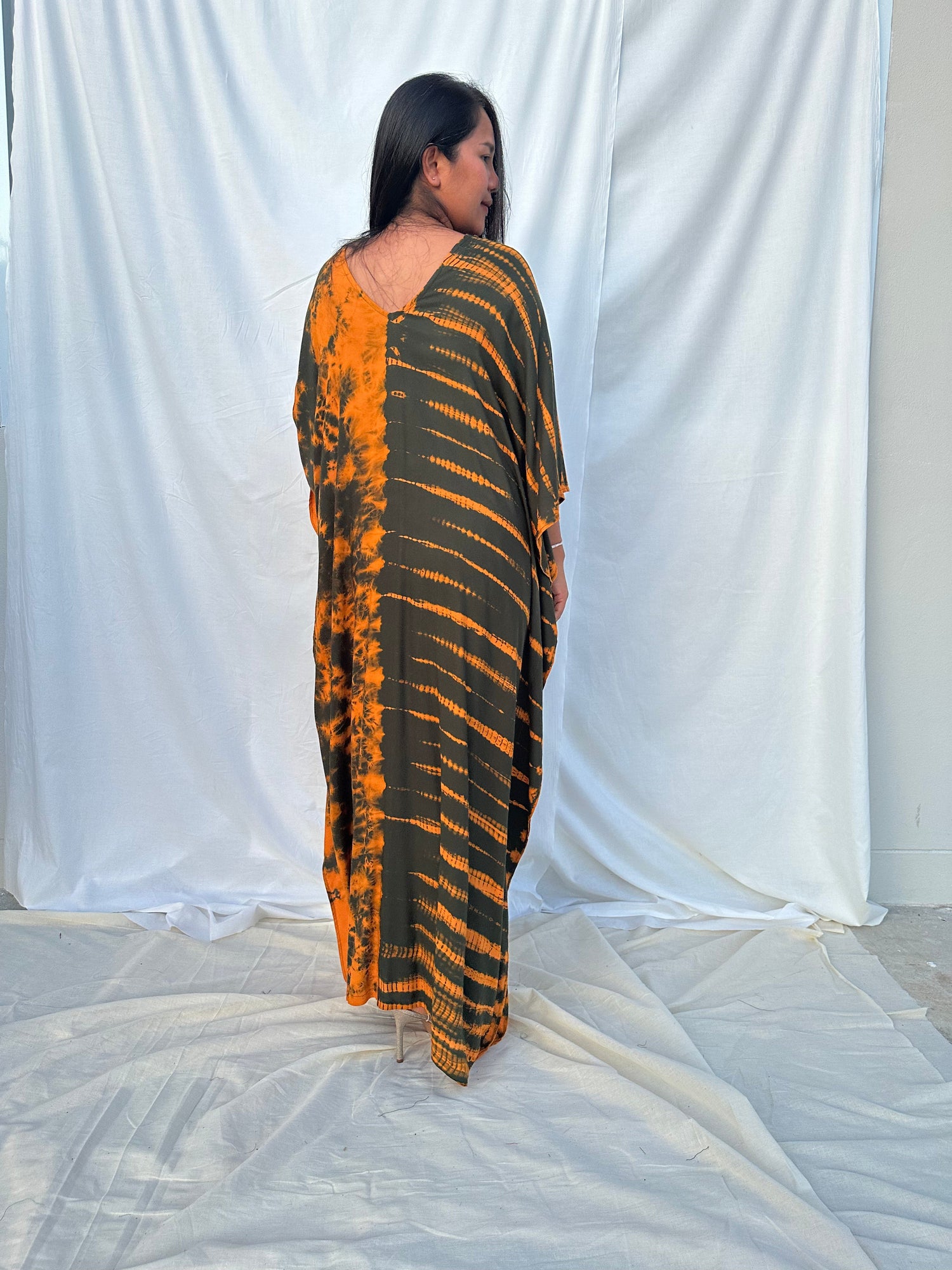 MALA handworks Mala Kaftan in Olive Green and Orange Tie Dye