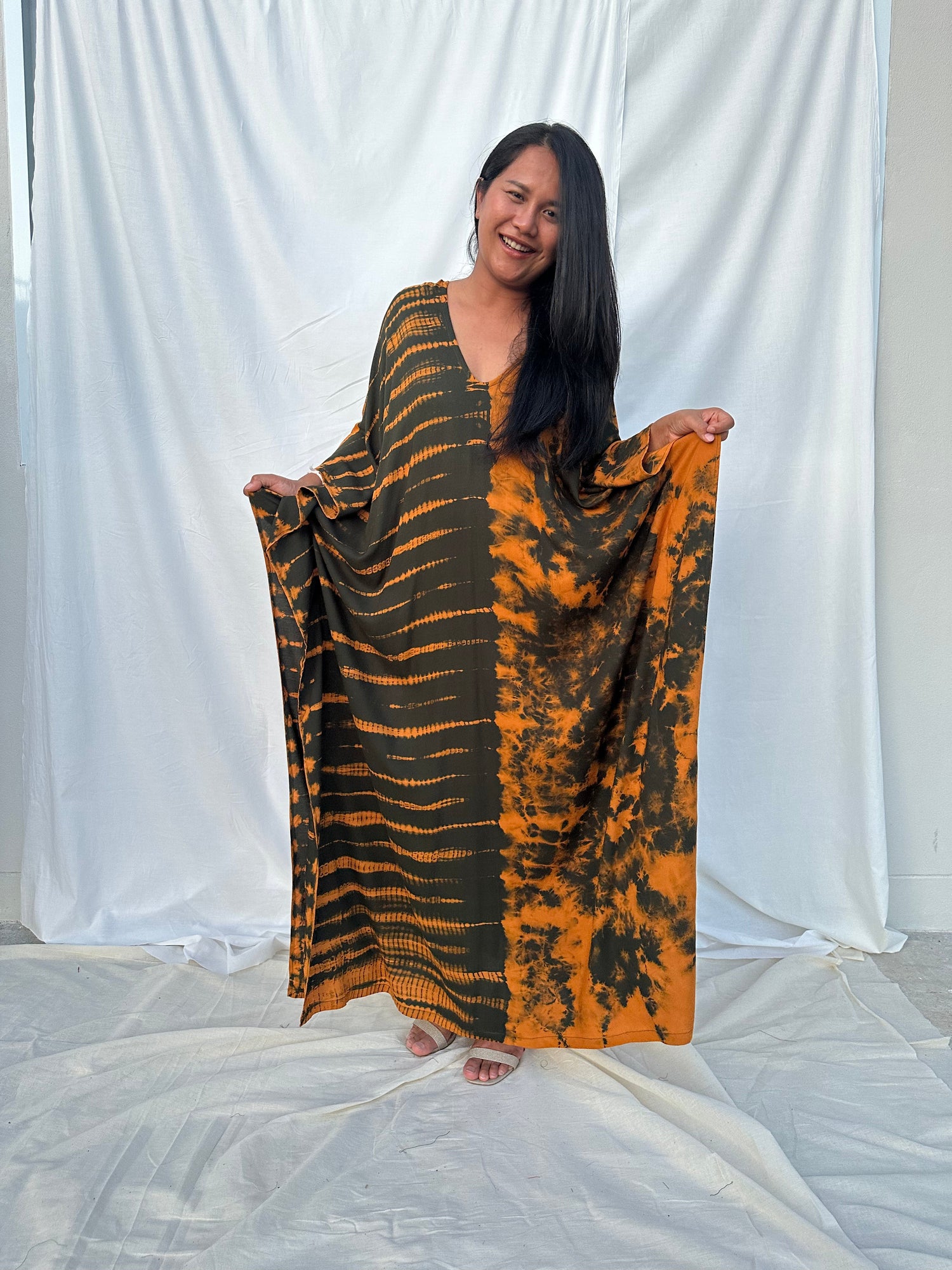 MALA handworks Mala Kaftan in Olive Green and Orange Tie Dye