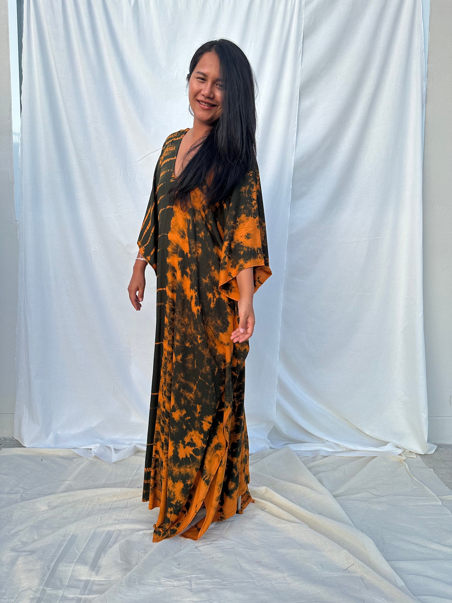 MALA handworks Mala Kaftan in Olive Green and Orange Tie Dye