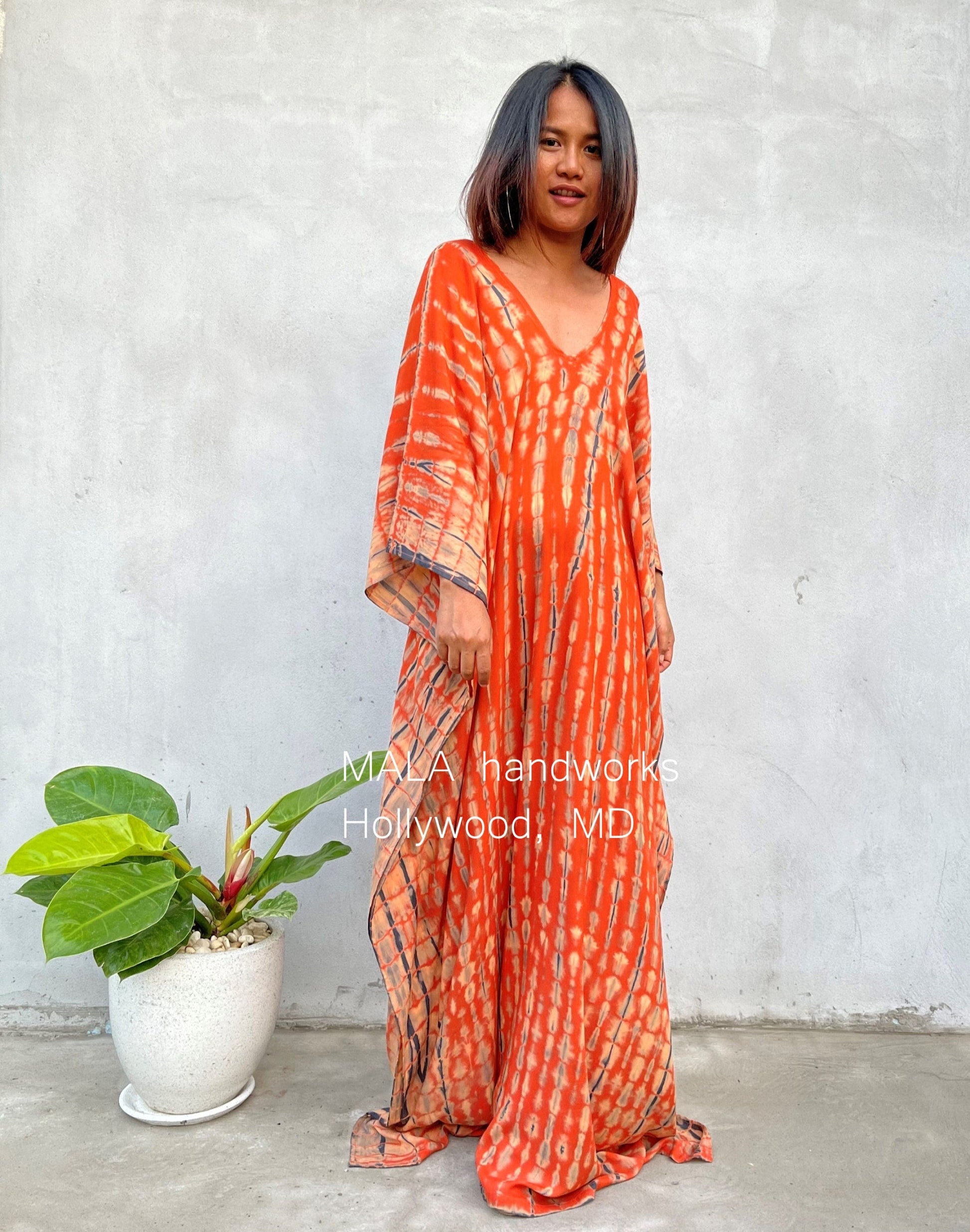 MALA handworks  Mala Kaftan in Orange and Black Tie Dye