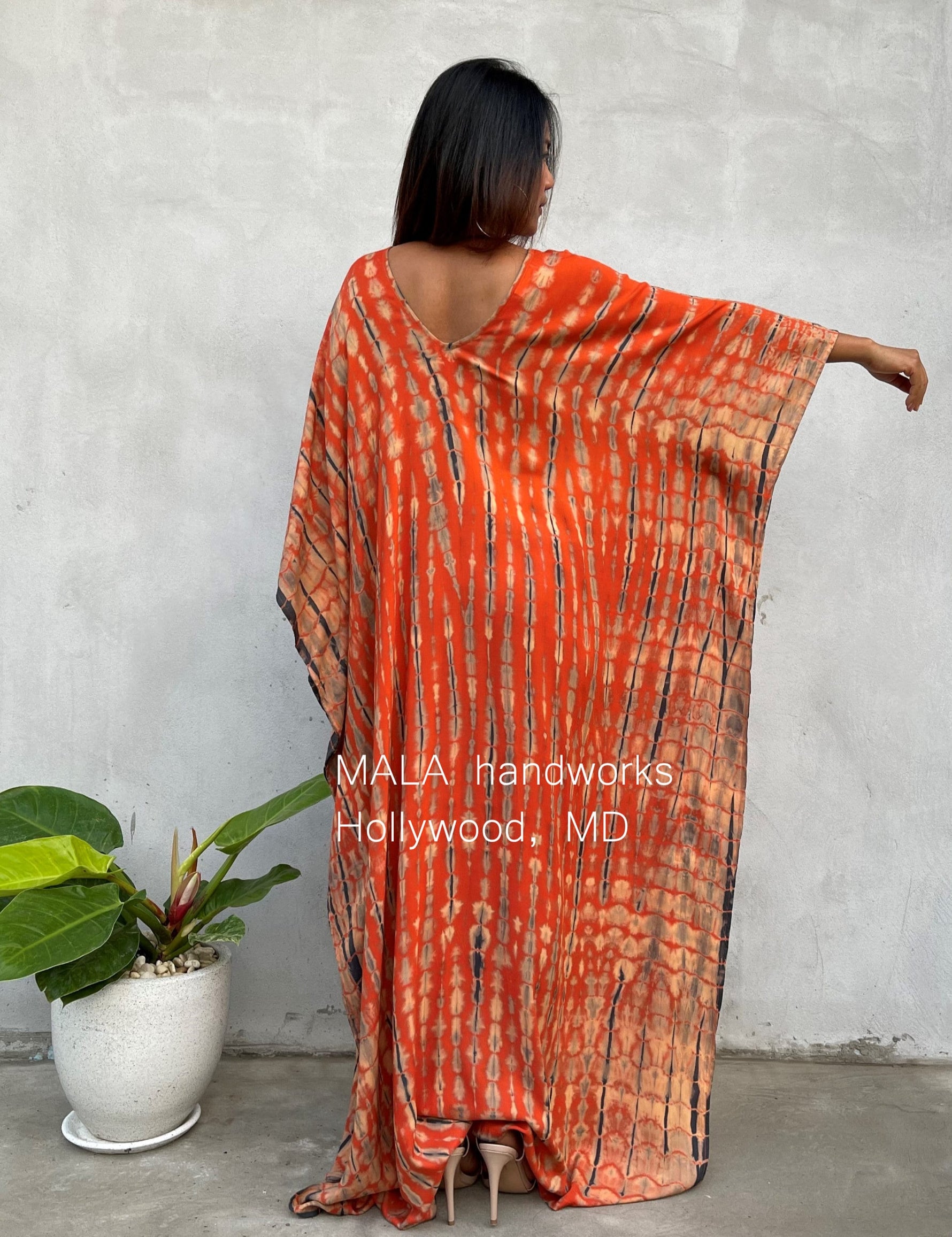 MALA handworks  Mala Kaftan in Orange and Black Tie Dye