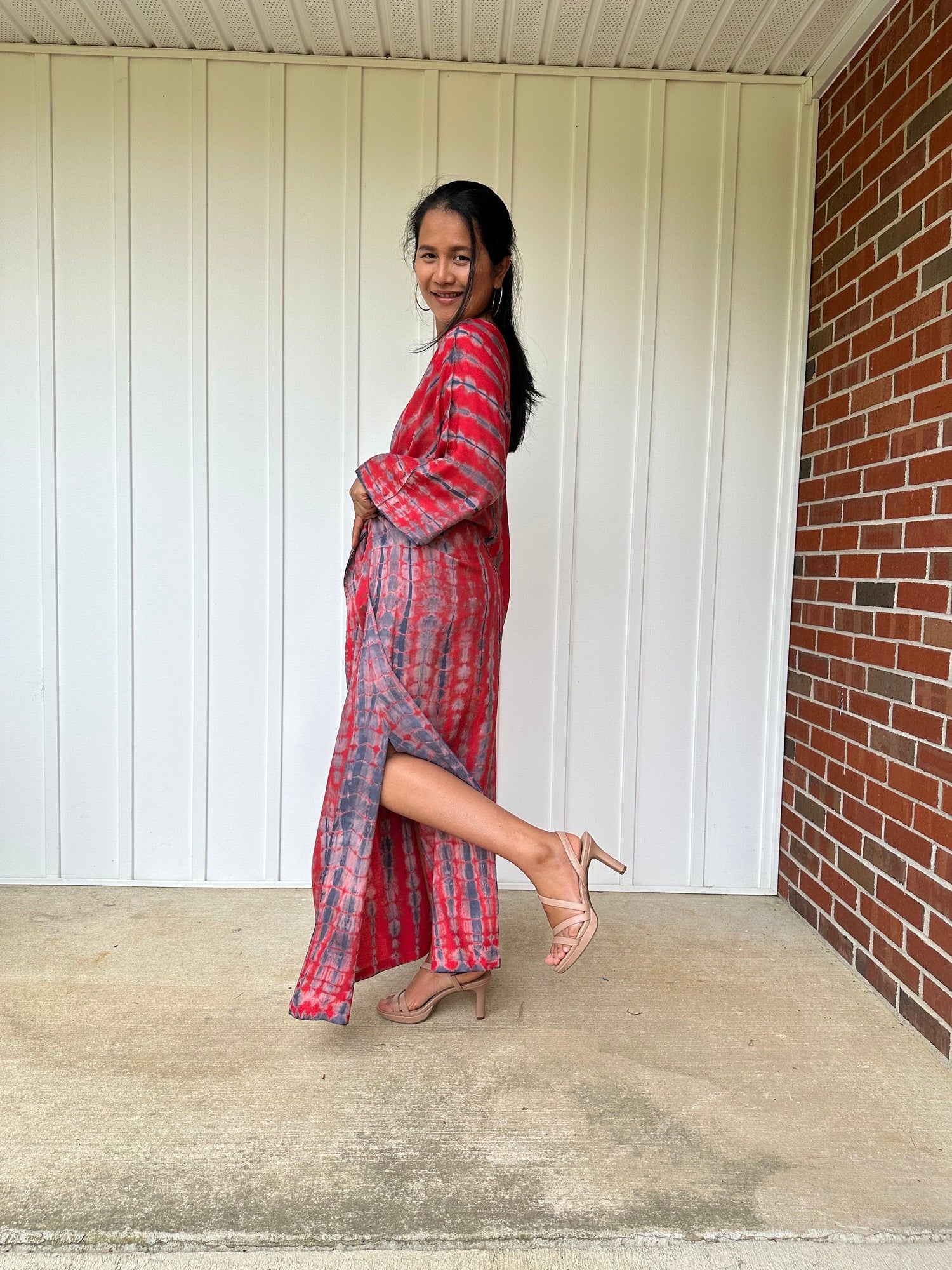 MALA handworks  Mala Kaftan in Red and Black Gray Tie Dye