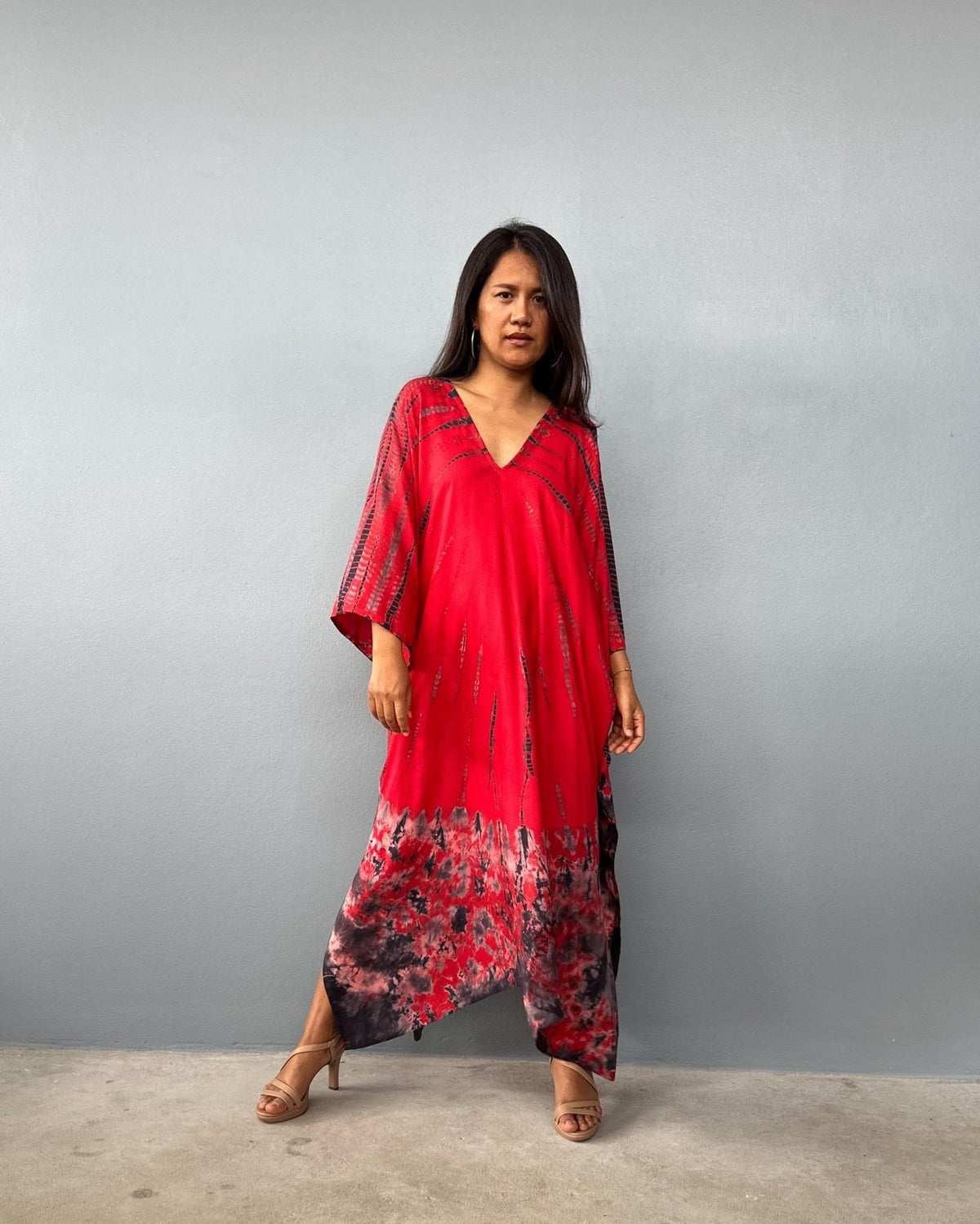 Mala Kaftan in Red & Black Tie Dye - Aurora Pattern-A-147-45-Mala Handworks