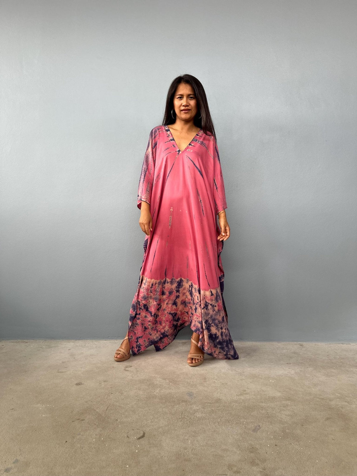Mala Kaftan in Rose Pink with Black Tie Dye-A-145-45-Mala Handworks