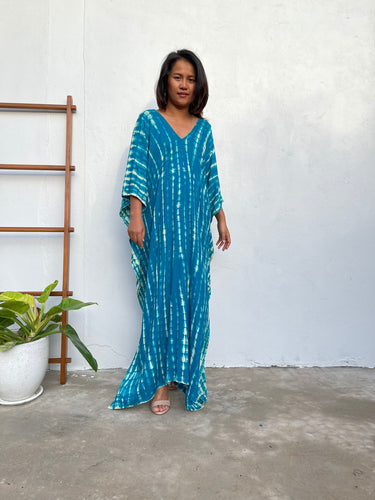 MALA handworks  Mala Kaftan in Teal Aqua Blue and off White Tie Dye
