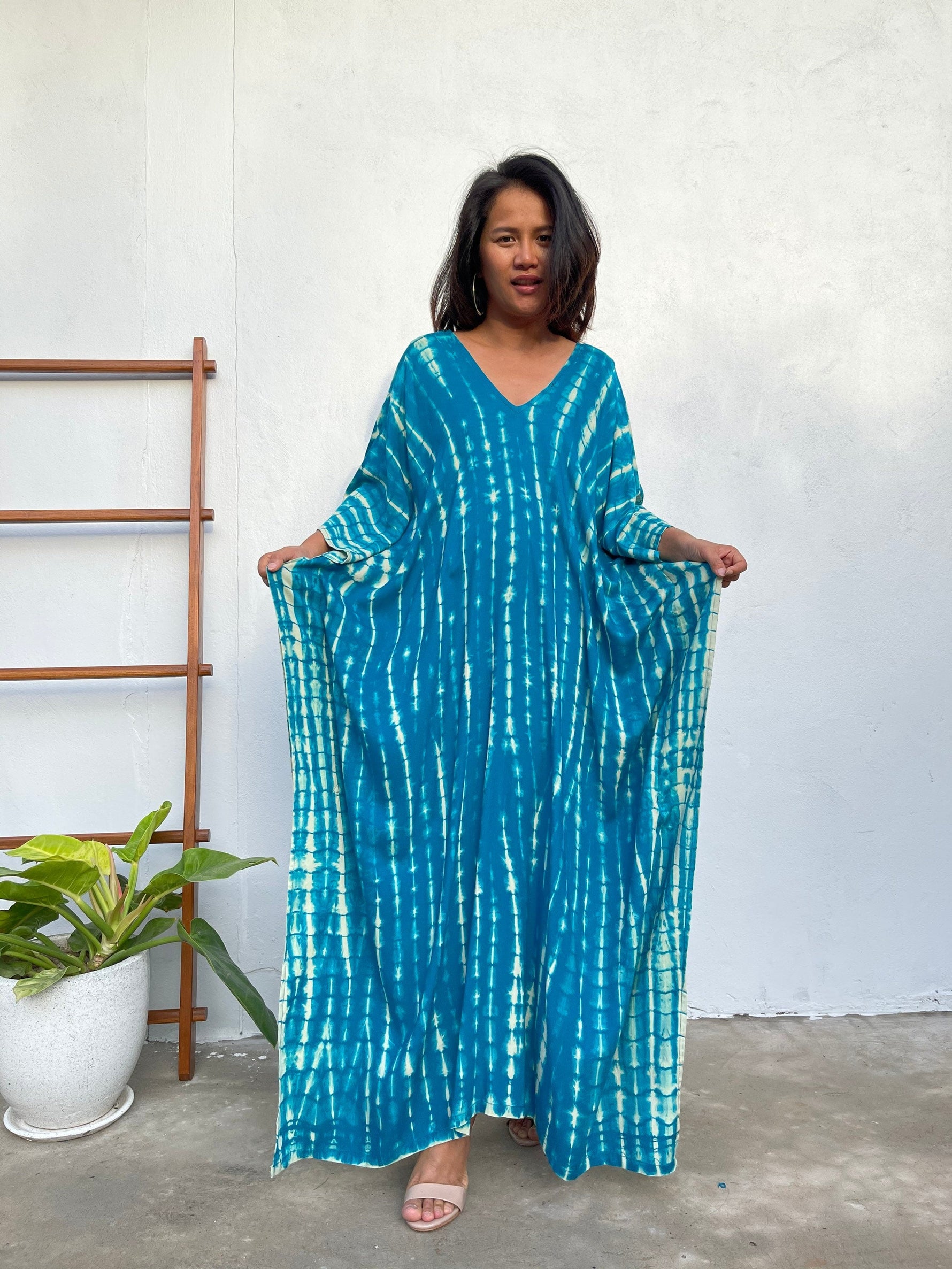 MALA handworks  Mala Kaftan in Teal Aqua Blue and off White Tie Dye