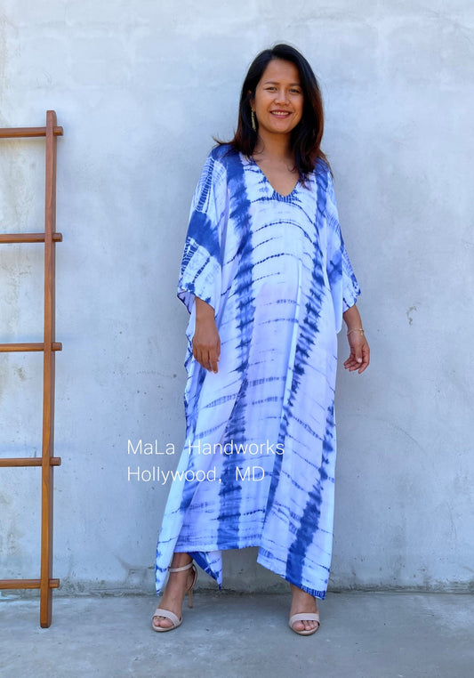 MALA handworks  Mala Kaftan in White and Blue Tie Dye