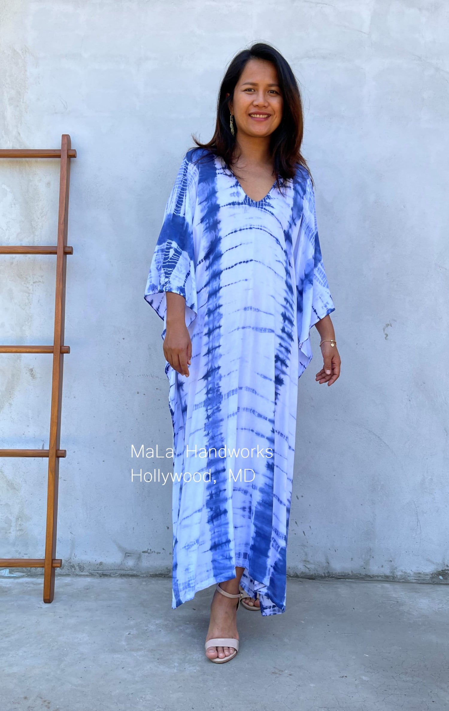 MALA handworks  Mala Kaftan in White and Blue Tie Dye