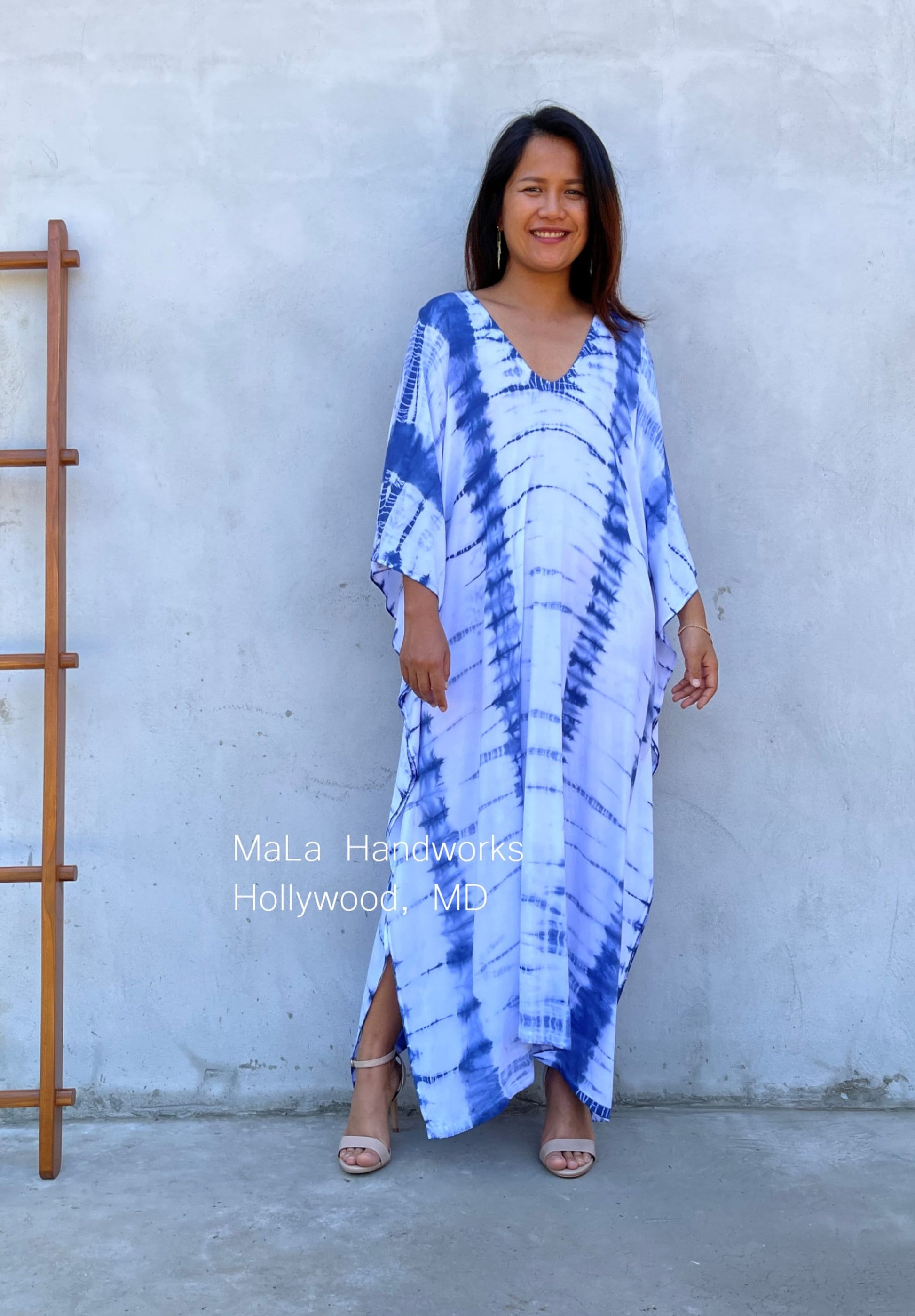 MALA handworks  Mala Kaftan in White and Blue Tie Dye