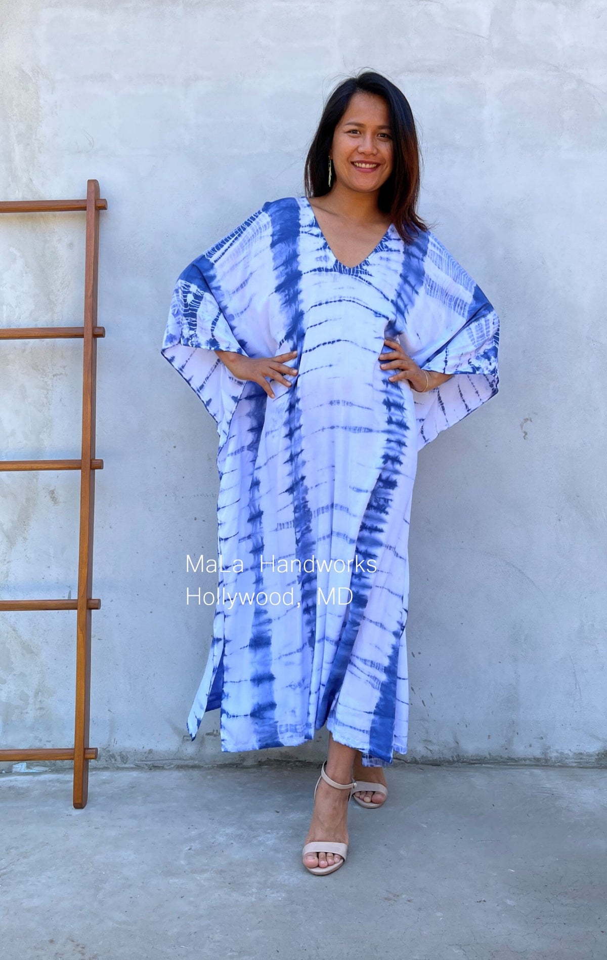 MALA handworks  Mala Kaftan in White and Blue Tie Dye