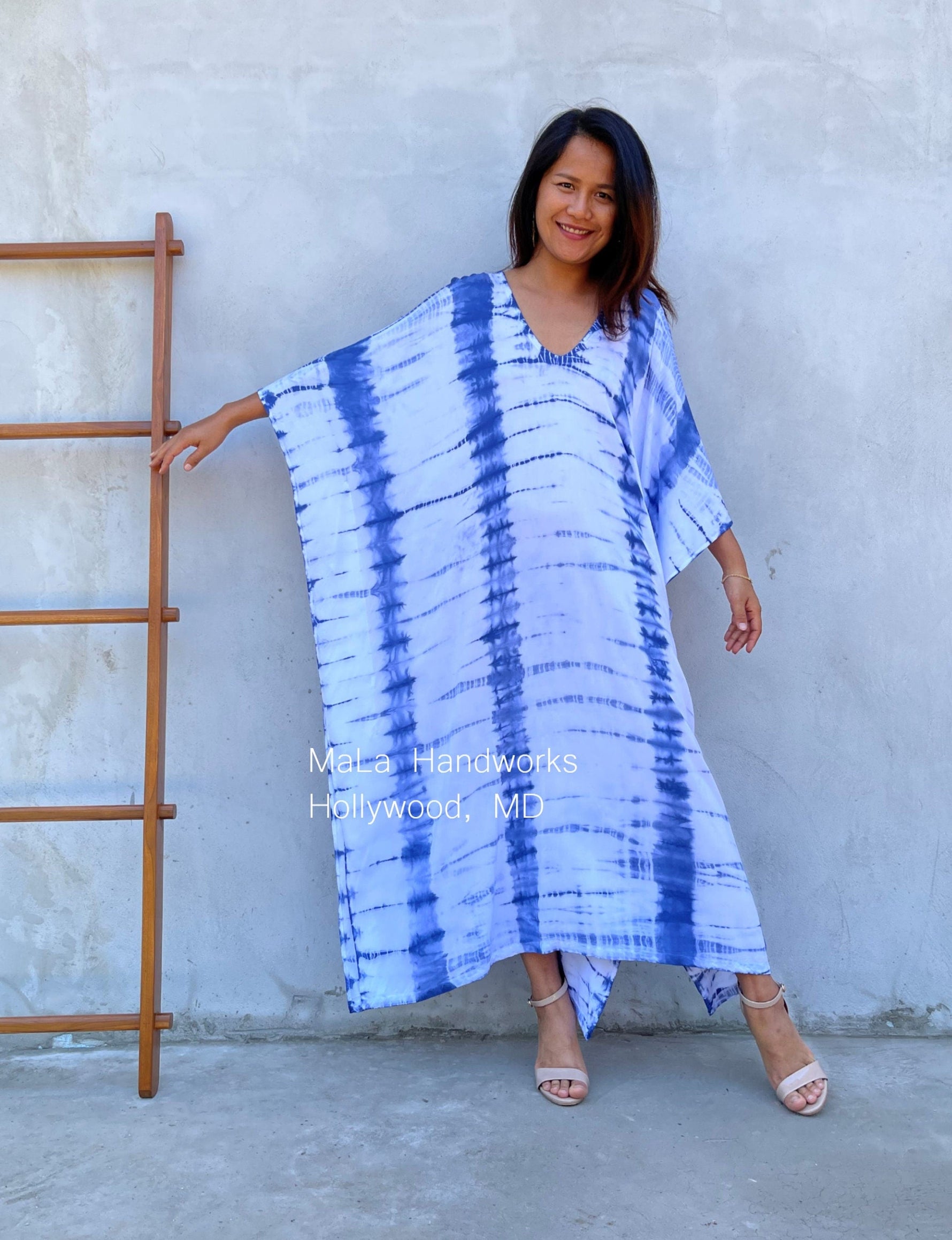 MALA handworks  Mala Kaftan in White and Blue Tie Dye