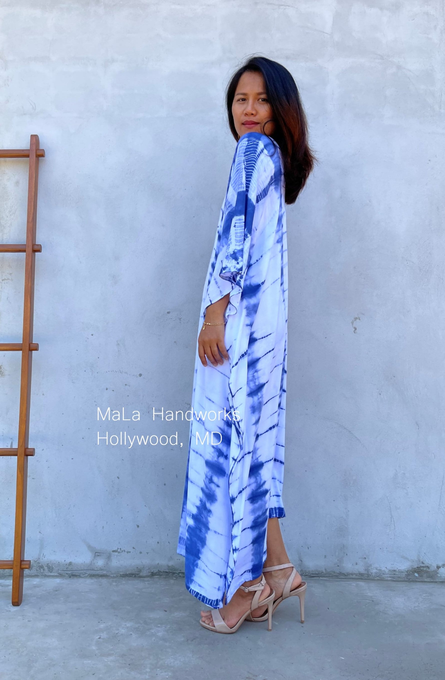 MALA handworks  Mala Kaftan in White and Blue Tie Dye