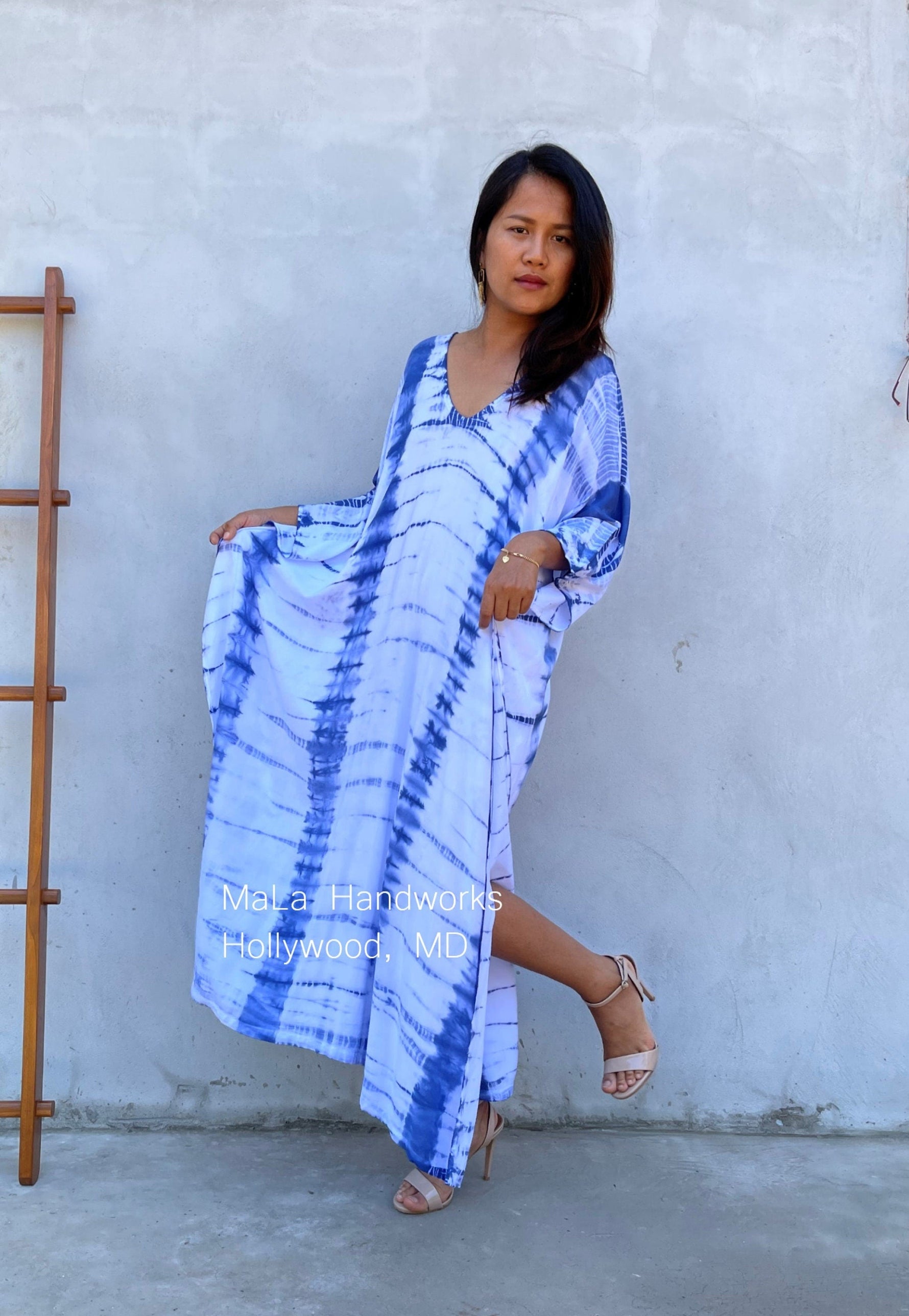 MALA handworks  Mala Kaftan in White and Blue Tie Dye