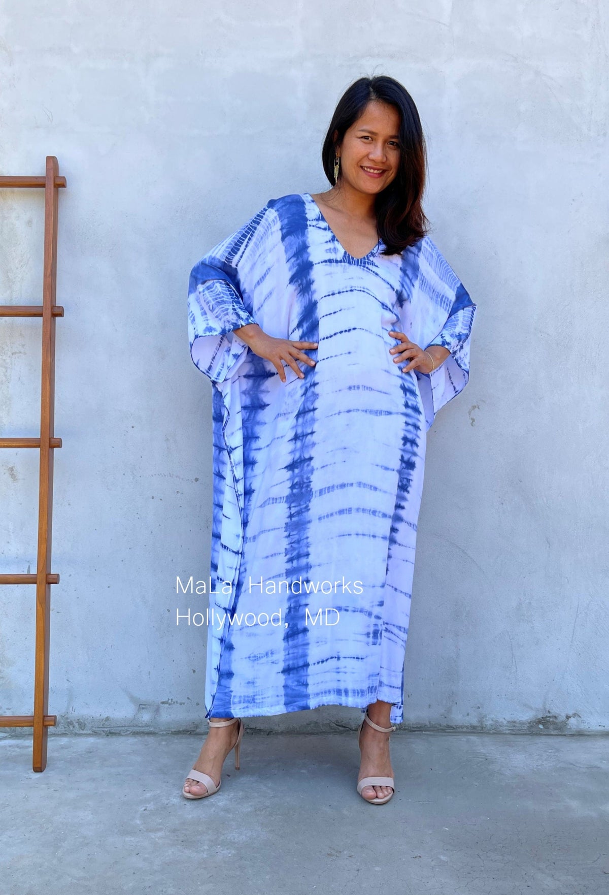 MALA handworks  Mala Kaftan in White and Blue Tie Dye