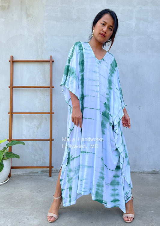 MALA handworks  Mala Kaftan in White and Green Tie Dye