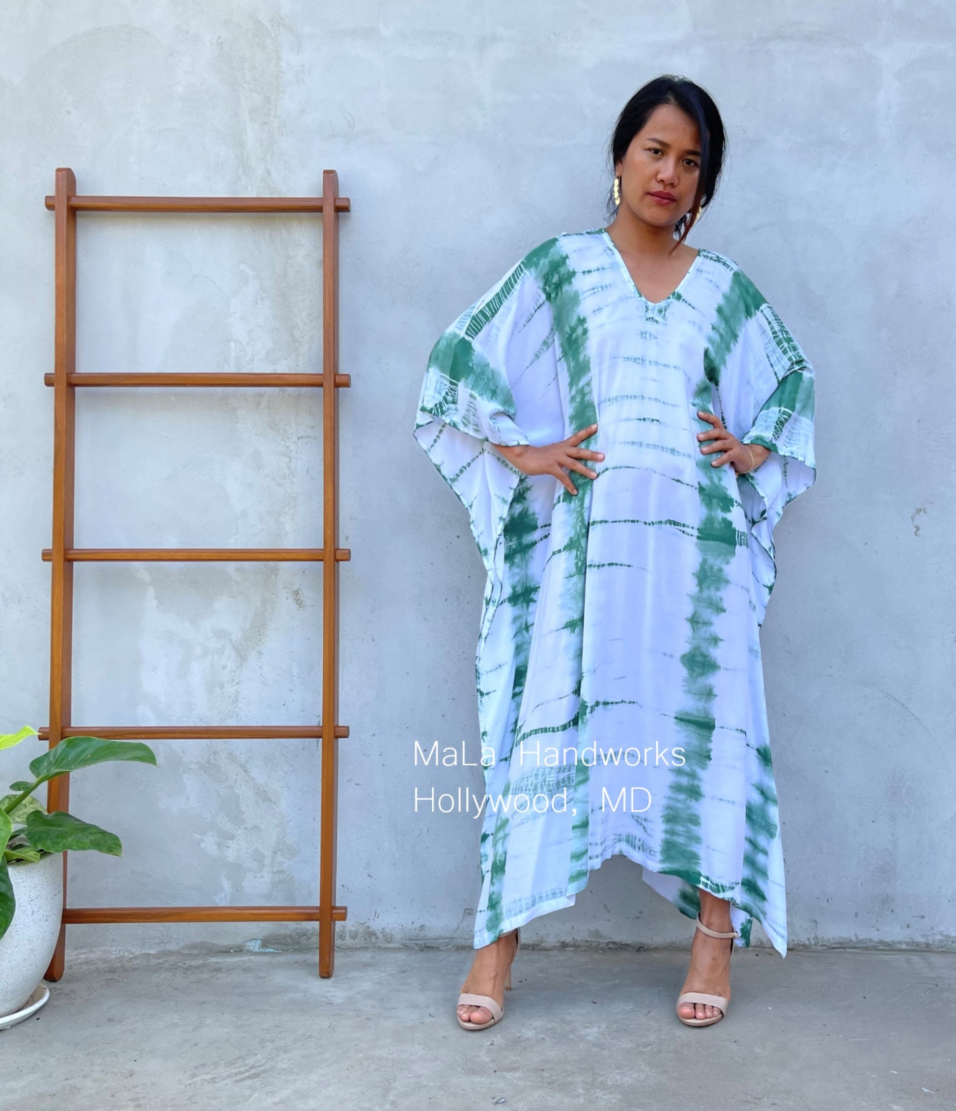 MALA handworks  Mala Kaftan in White and Green Tie Dye